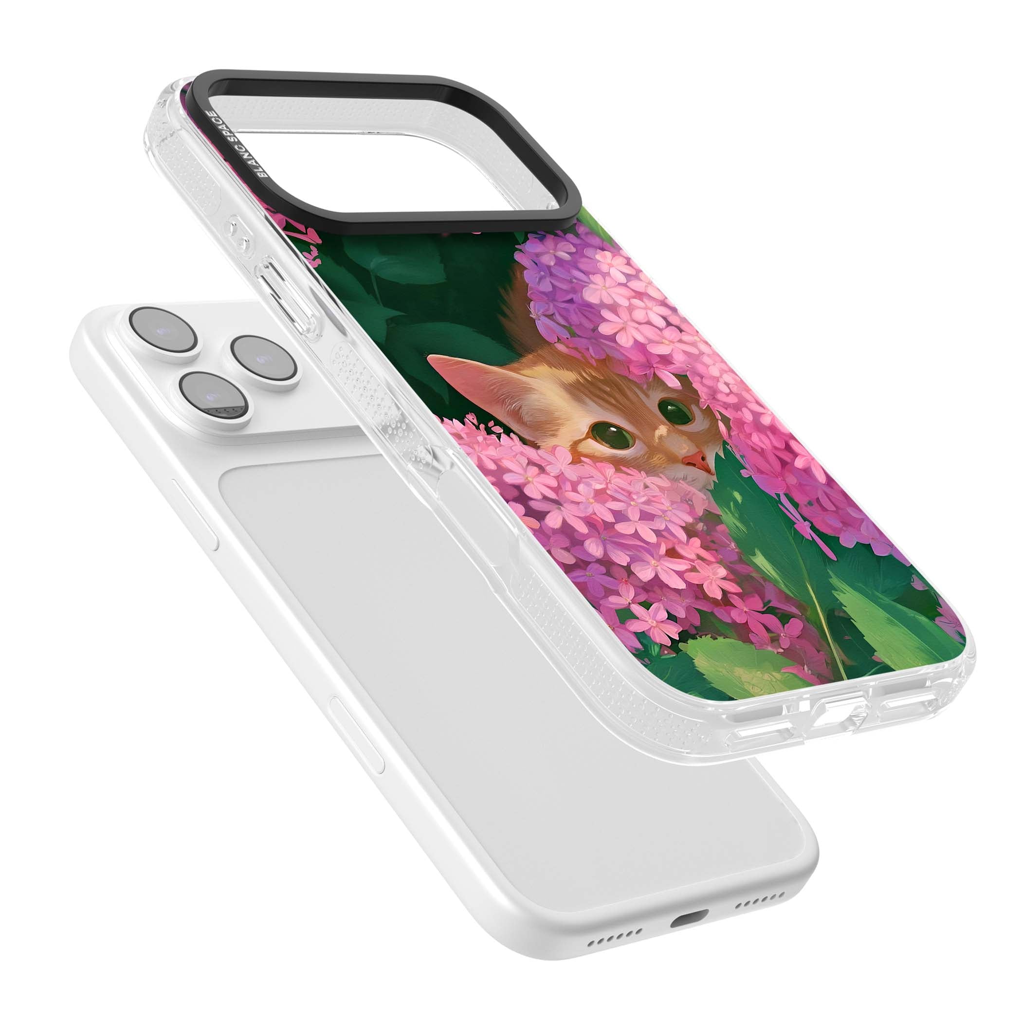 Cat In Pink Flowers cottagecore iPhone case featuring a ginger kitten peeking through lilac and pink hydrangea flo | Clear Case Impact Air case for iPhone 17 Pro, iPhone 17 Pro Max