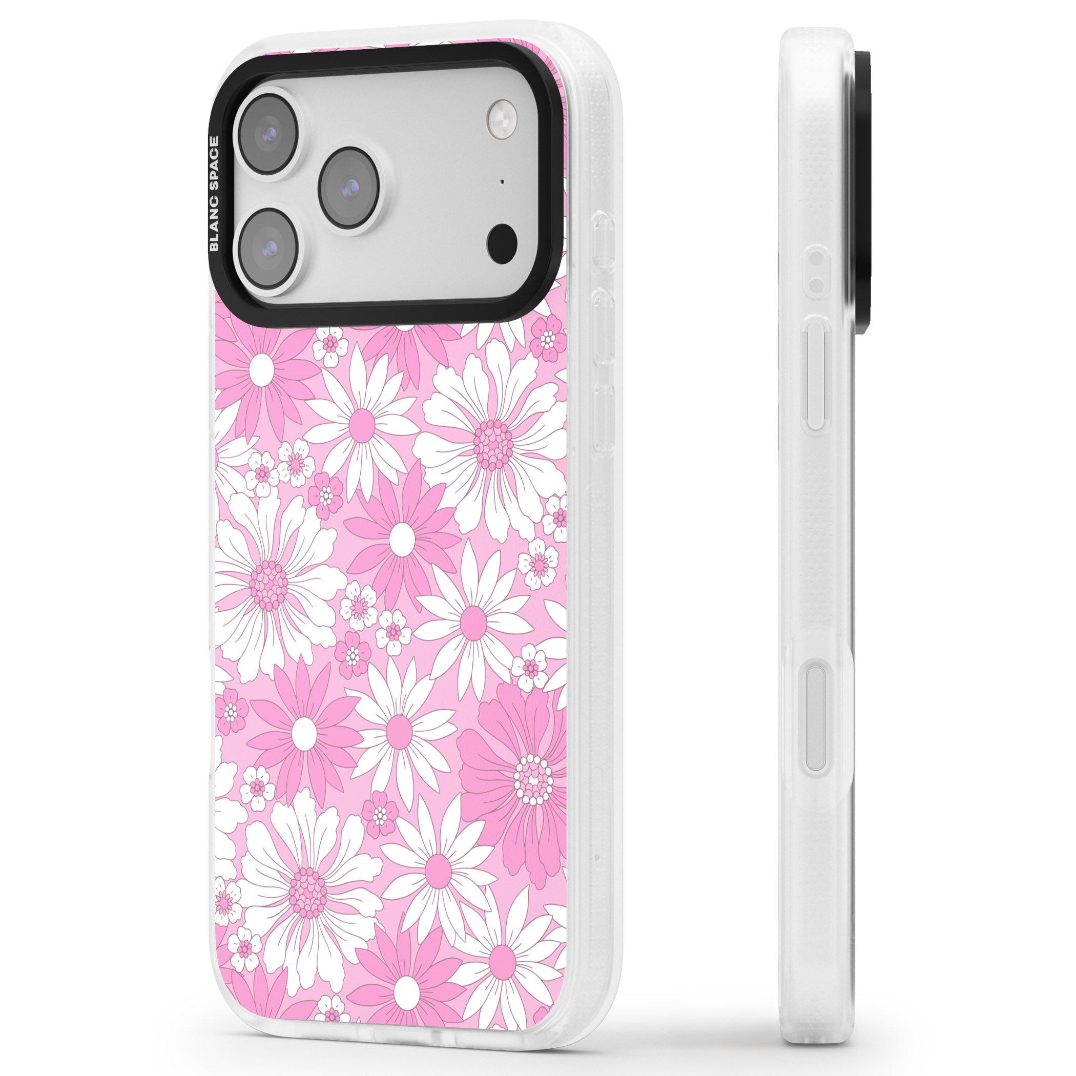 Pink White Flowers iPhone 17 Pro Impact Air Clear Phone Case Side Profile