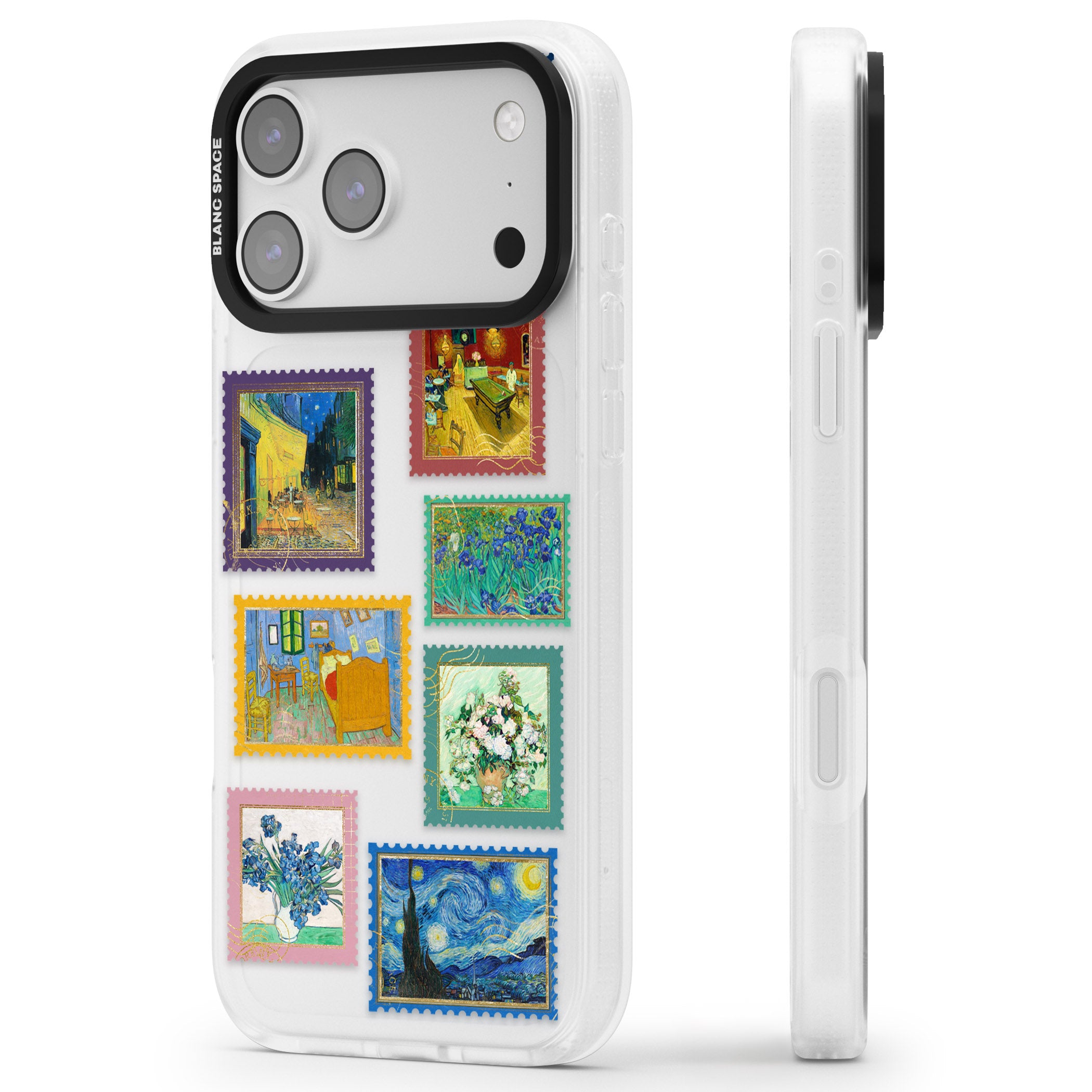 Colourful Vintage Art Stamps iPhone 17 Pro Impact Air Clear Phone Case Side Profile