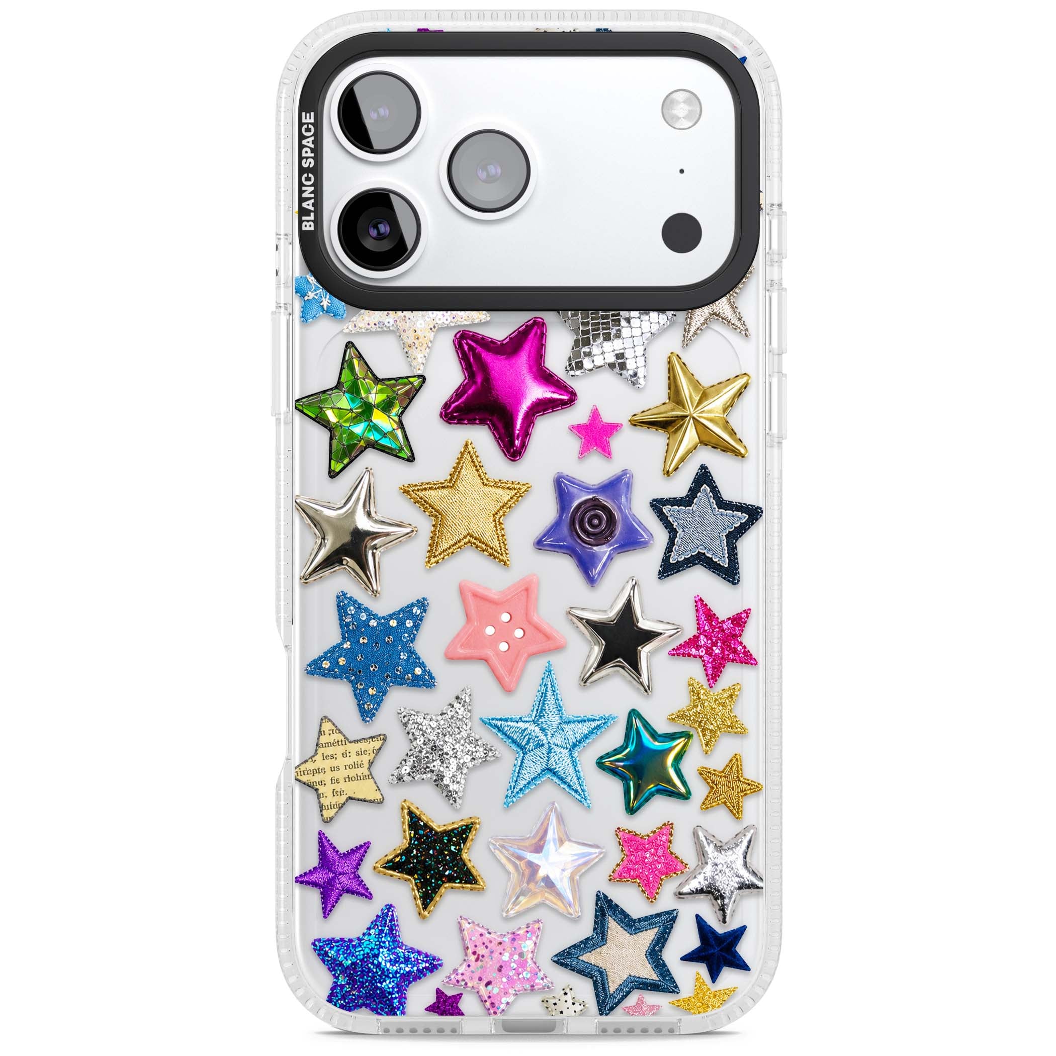 Crafty Star Mix Y2K iPhone case featuring embroidered, sequinned and glitter star patches in rainbow colours | Clear Case Impact Air case for iPhone 17 Pro, iPhone 17 Pro Max
