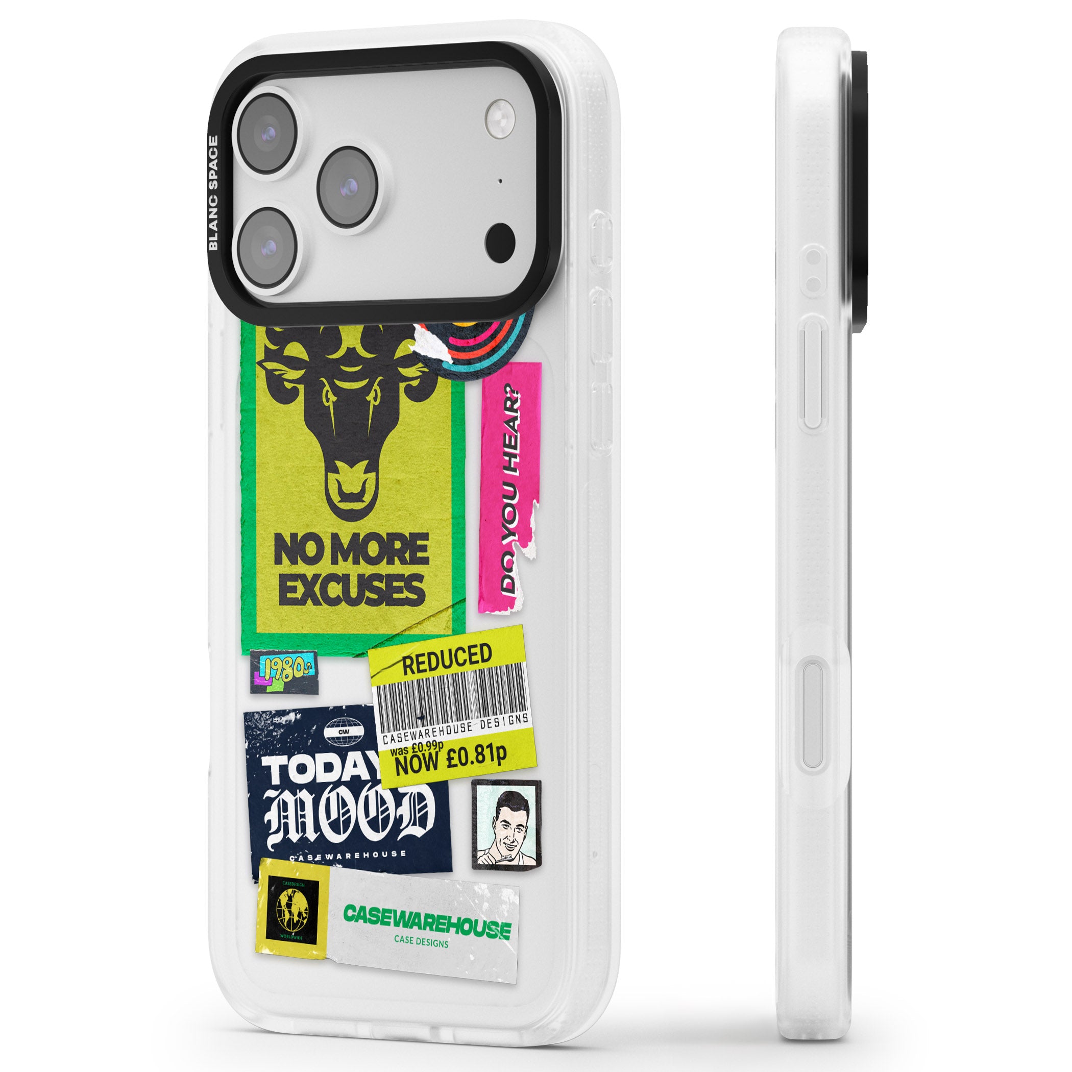 No More Excuses Sticker Mix iPhone 17 Pro Impact Air Clear Phone Case Side Profile