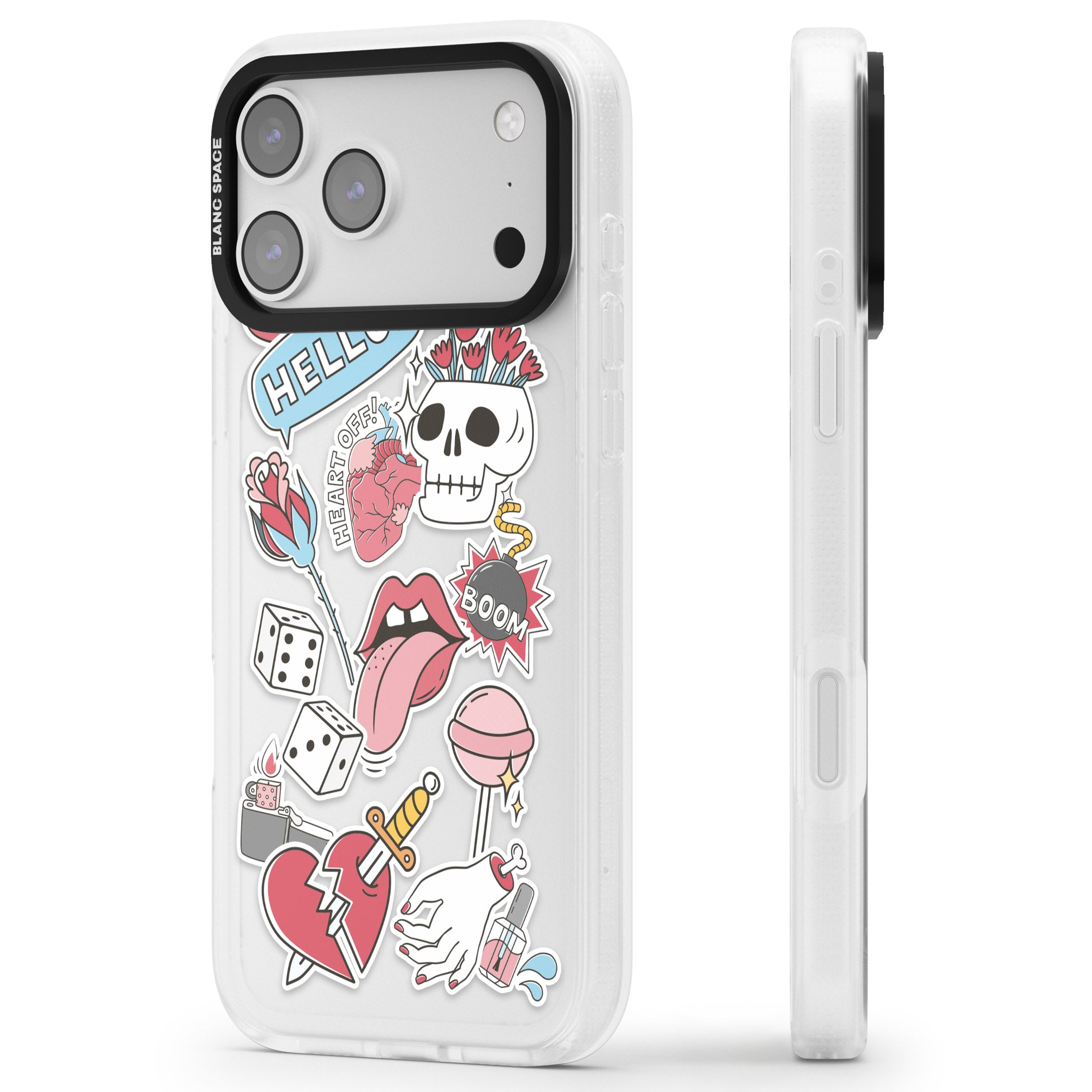 Skull & Flowers Stickers iPhone 17 Pro Impact Air Clear Phone Case Side Profile