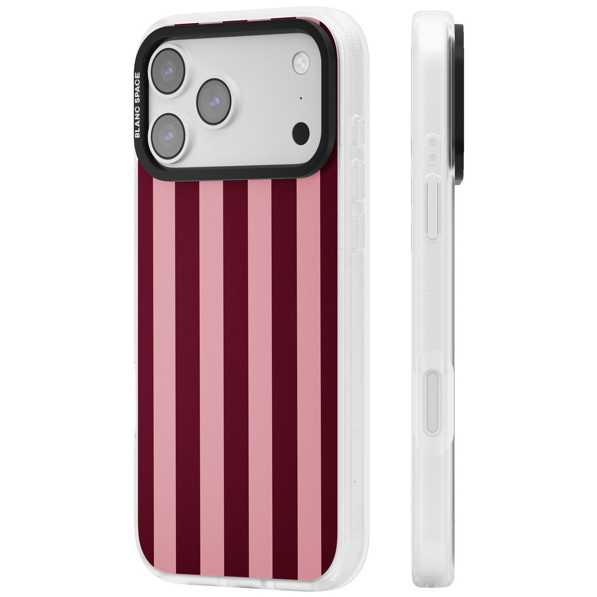 Bordeaux Belle preppy iPhone case featuring bold vertical stripes in burgundy and soft blush pink iPhone 17 Pro Max Impact Air Phone Case side