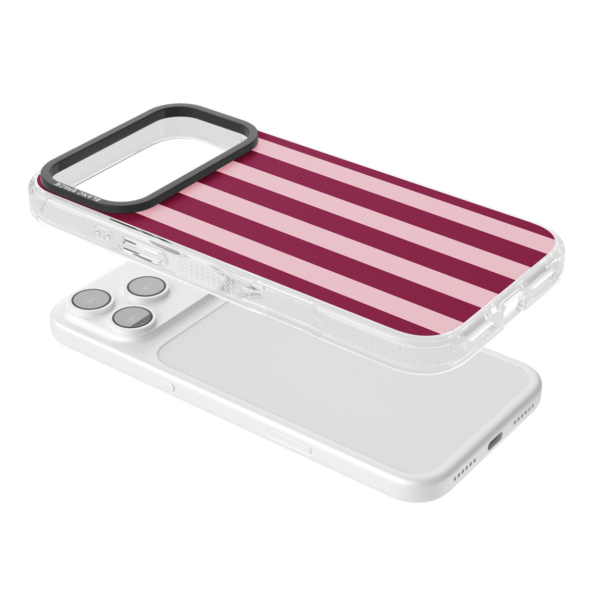 Bordeaux Belle preppy iPhone case featuring bold vertical stripes in burgundy and soft blush pink iPhone 17 Pro Max Impact Air Phone Case angled