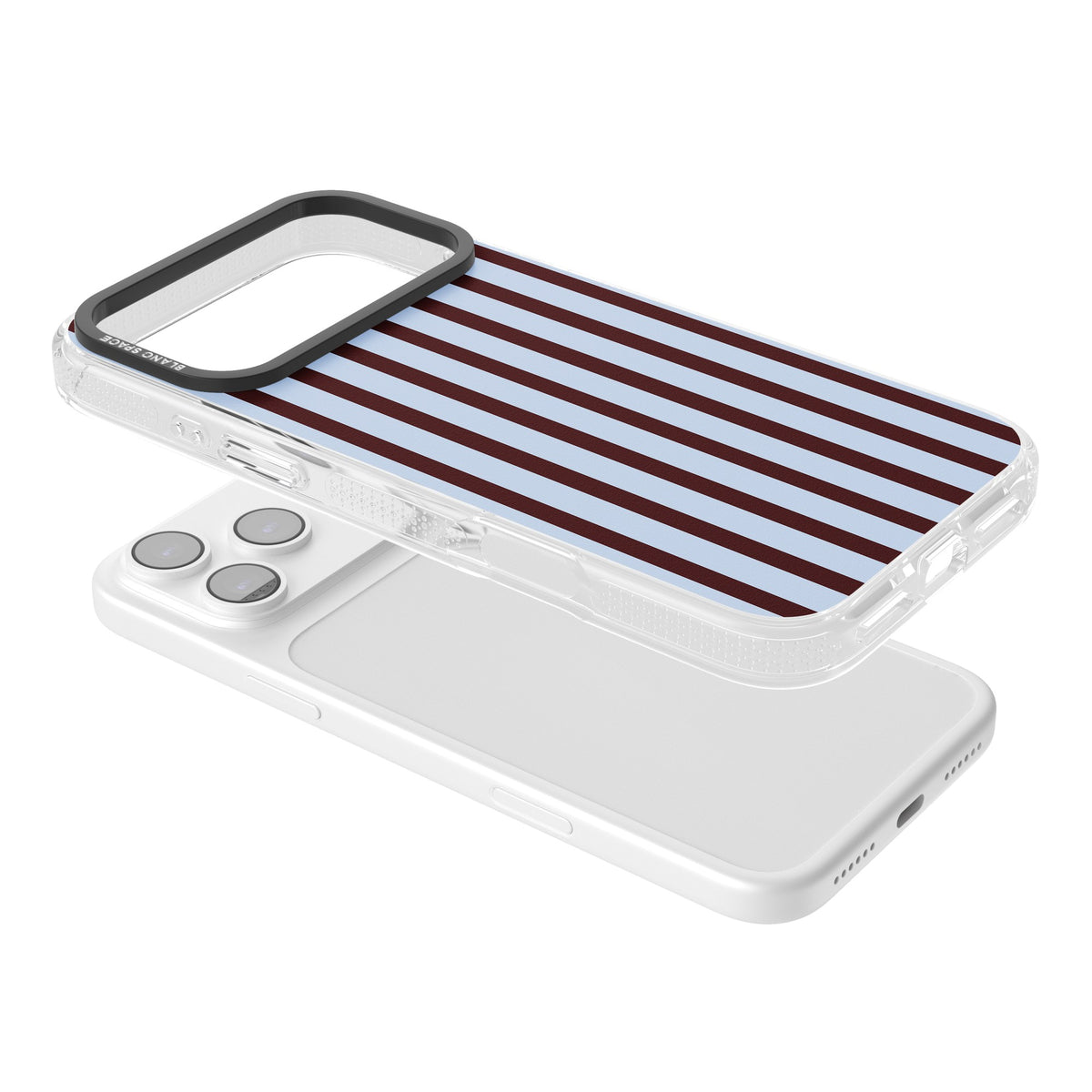 Blackcurrant Stripe preppy iPhone case featuring vertical burgundy and light blue stripes in a classic pinstripe layout iPhone 17 Pro Max Impact Air Phone Case angled