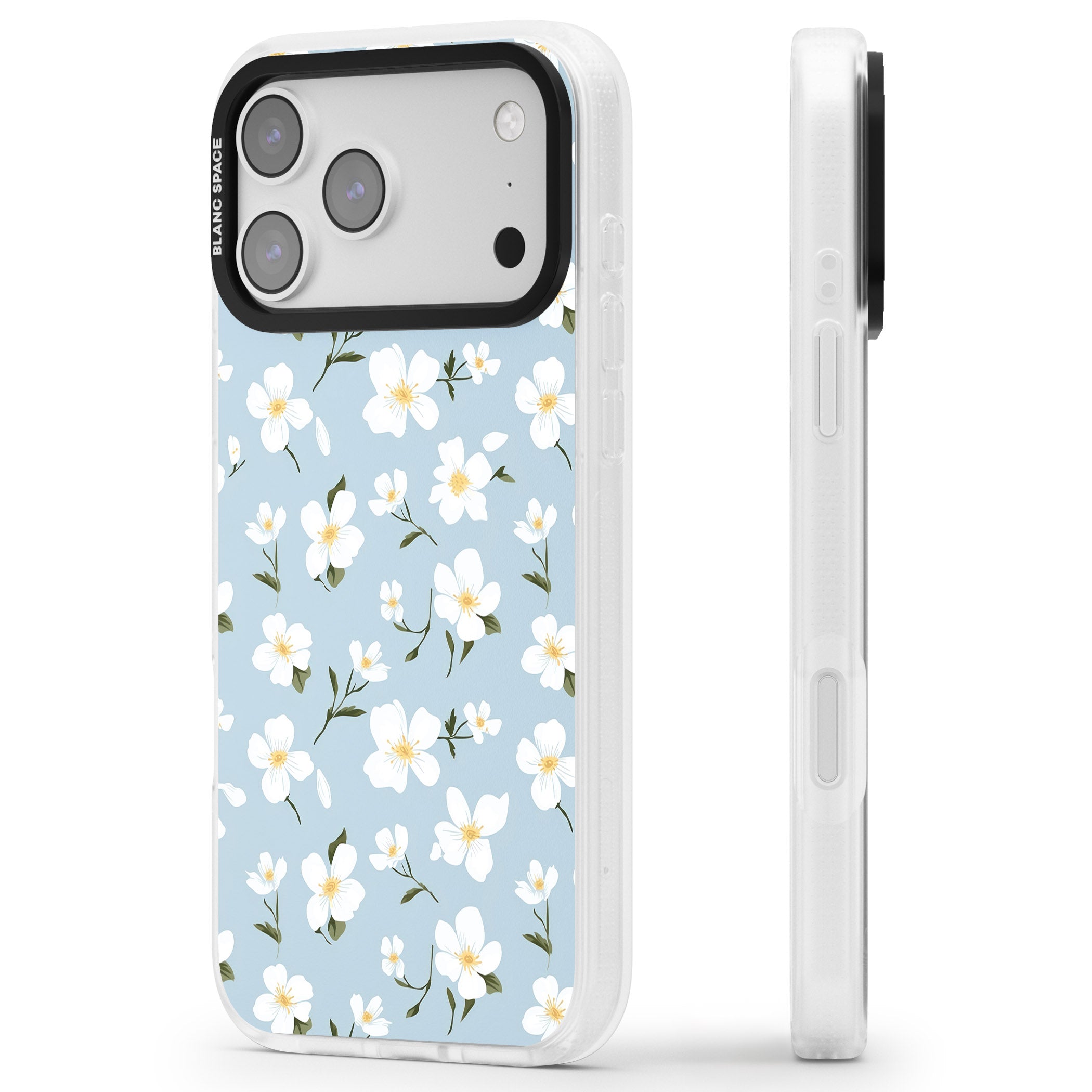 Soft White Blossoms iPhone 17 Pro Impact Air Clear Phone Case Side Profile