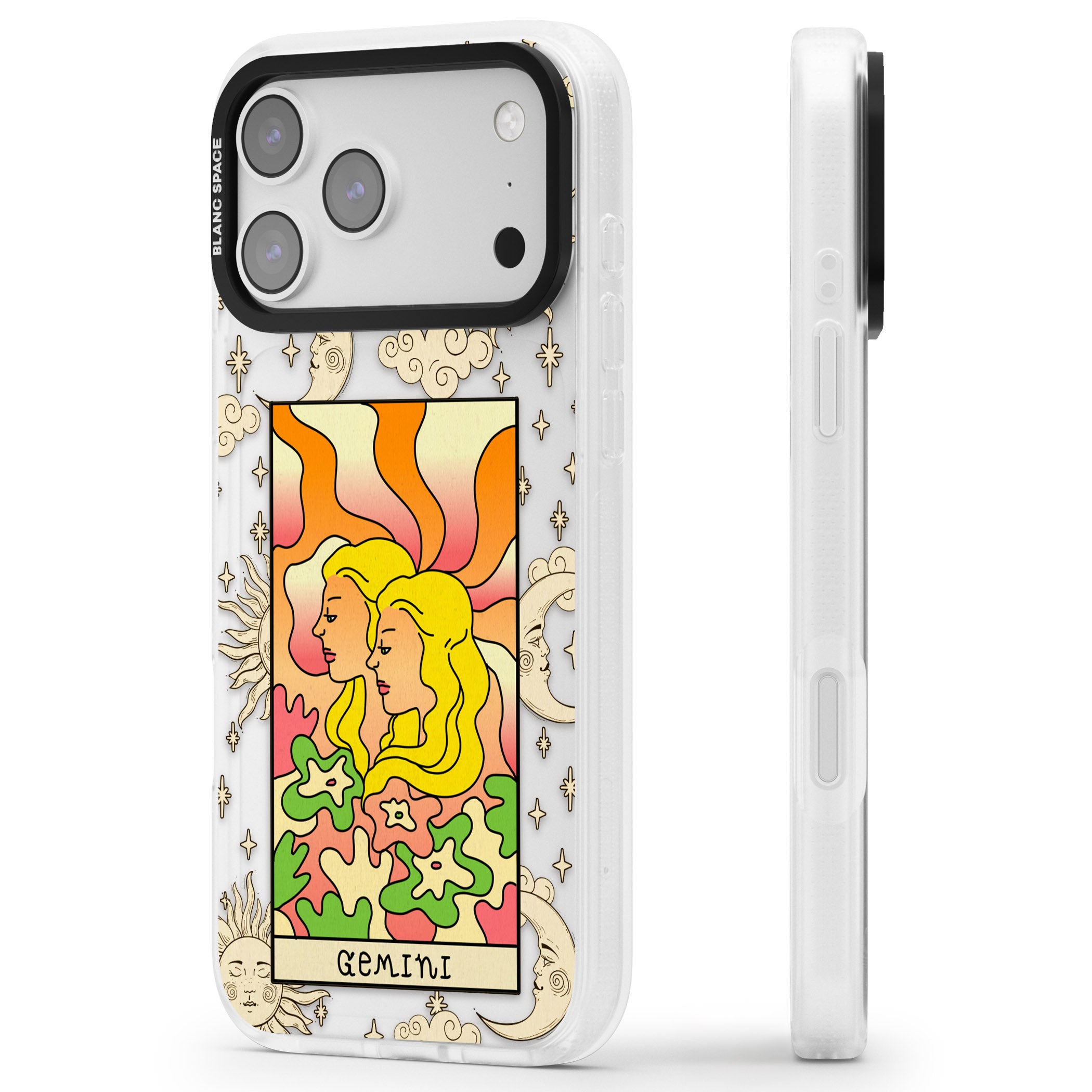Celestial Zodiac Gemini iPhone 17 Pro Impact Air Clear Phone Case Side Profile