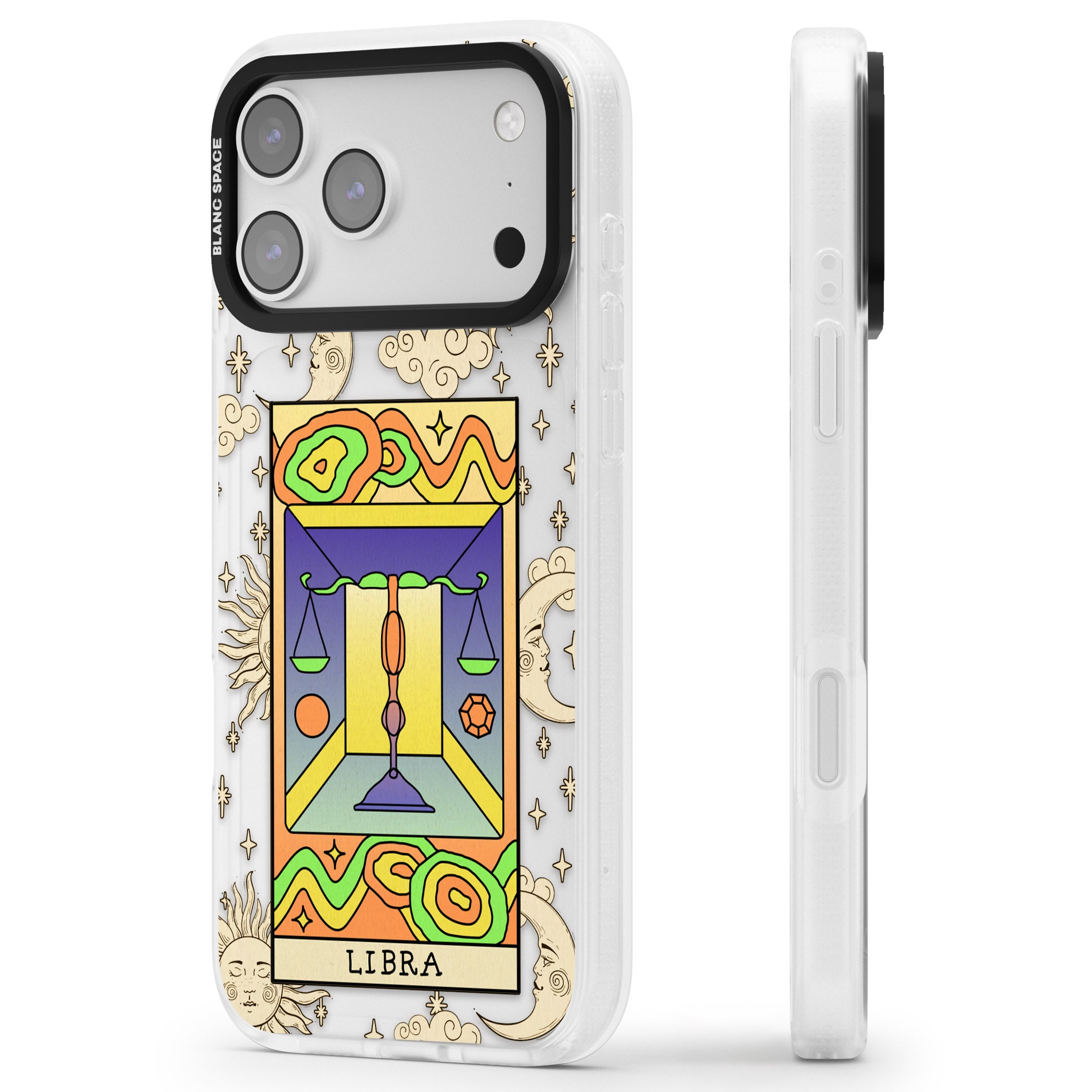 Celestial Zodiac Libra iPhone 17 Pro Impact Air Clear Phone Case Side Profile