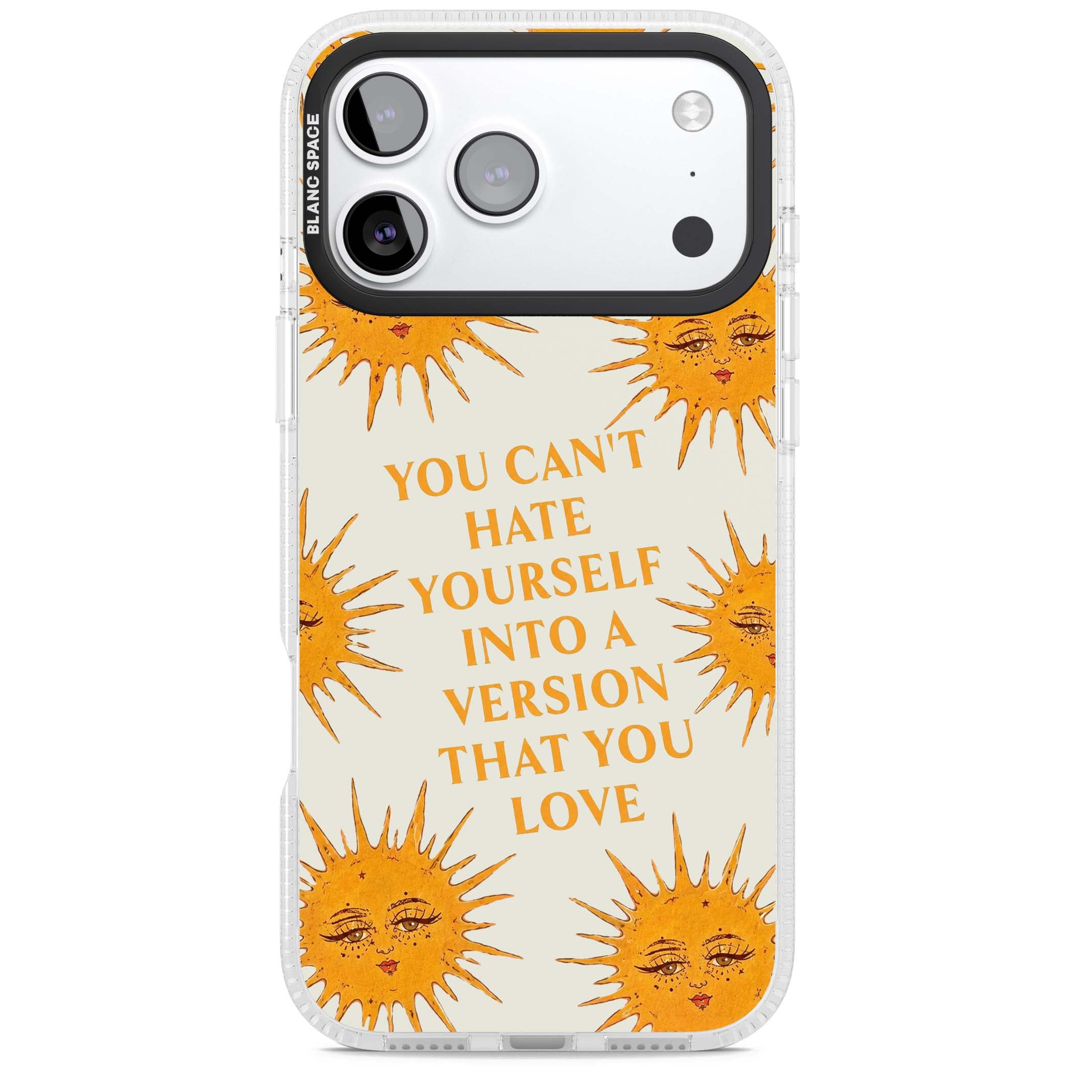 Don't Hate Yourself celestial iPhone case featuring vintage sun faces, ochre rays and a self-love quote | Clear Case Impact Air case for iPhone 17 Pro, iPhone 17 Pro Max
