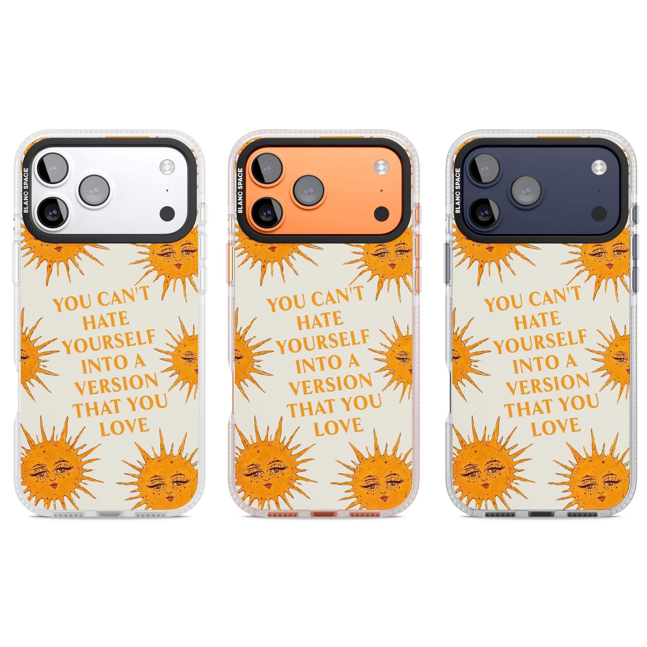 Don't Hate Yourself celestial iPhone case featuring vintage sun faces, ochre rays and a self-love quote | Clear Case Impact Air case for iPhone 17 Pro, iPhone 17 Pro Max
