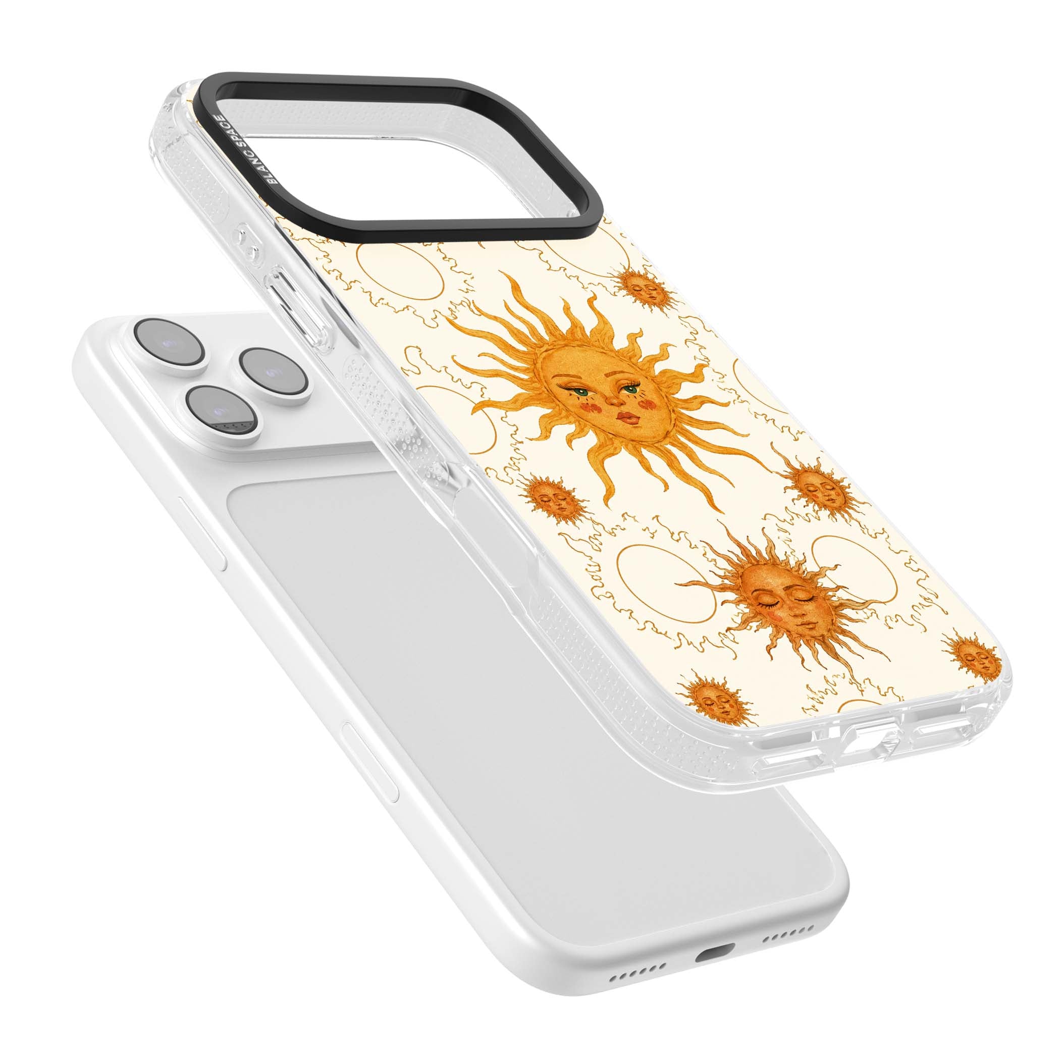 Solstice Muse celestial iPhone case featuring hand-painted golden sun faces, closed-eye sun goddesses and outlined moons... | Clear Case Impact Air case for iPhone 17 Pro, iPhone 17 Pro Max