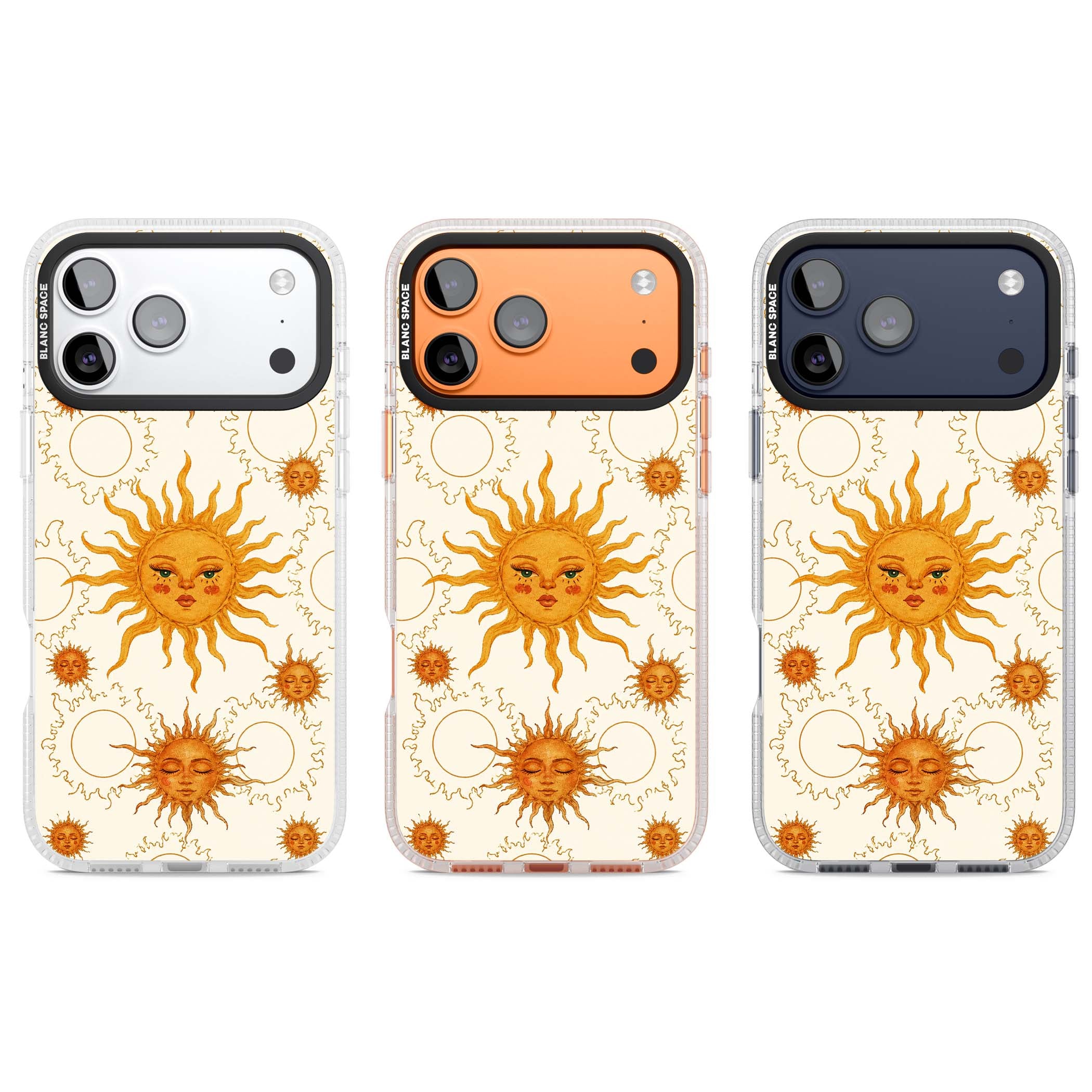 Solstice Muse celestial iPhone case featuring hand-painted golden sun faces, closed-eye sun goddesses and outlined moons... | Clear Case Impact Air case for iPhone 17 Pro, iPhone 17 Pro Max