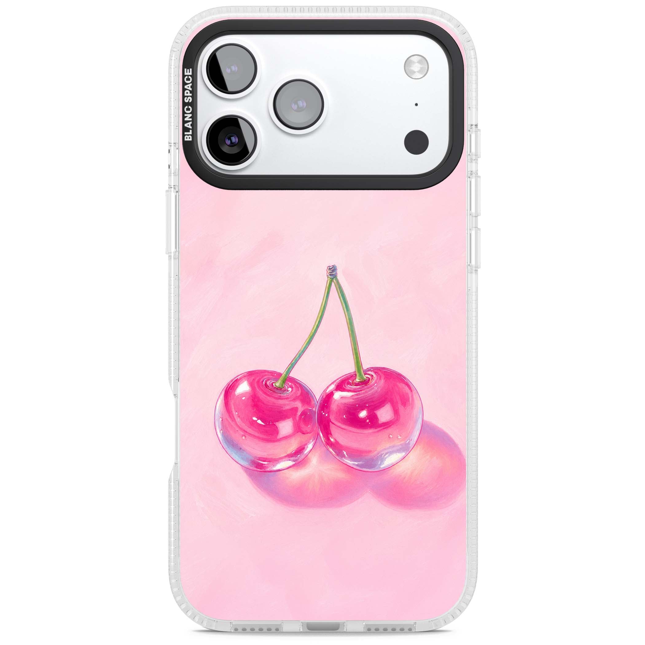Pink Glass Cherry coquette iPhone case featuring two glossy painted cherries on a soft pink background | Clear Case Impact Air case for iPhone 17 Pro, iPhone 17 Pro Max
