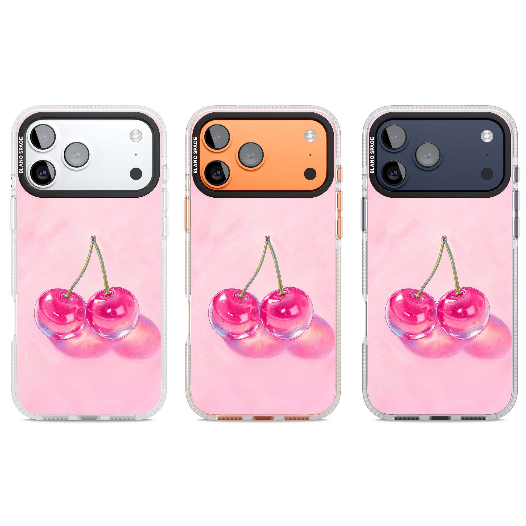 Pink Glass Cherry coquette iPhone case featuring two glossy painted cherries on a soft pink background | Clear Case Impact Air case for iPhone 17 Pro, iPhone 17 Pro Max
