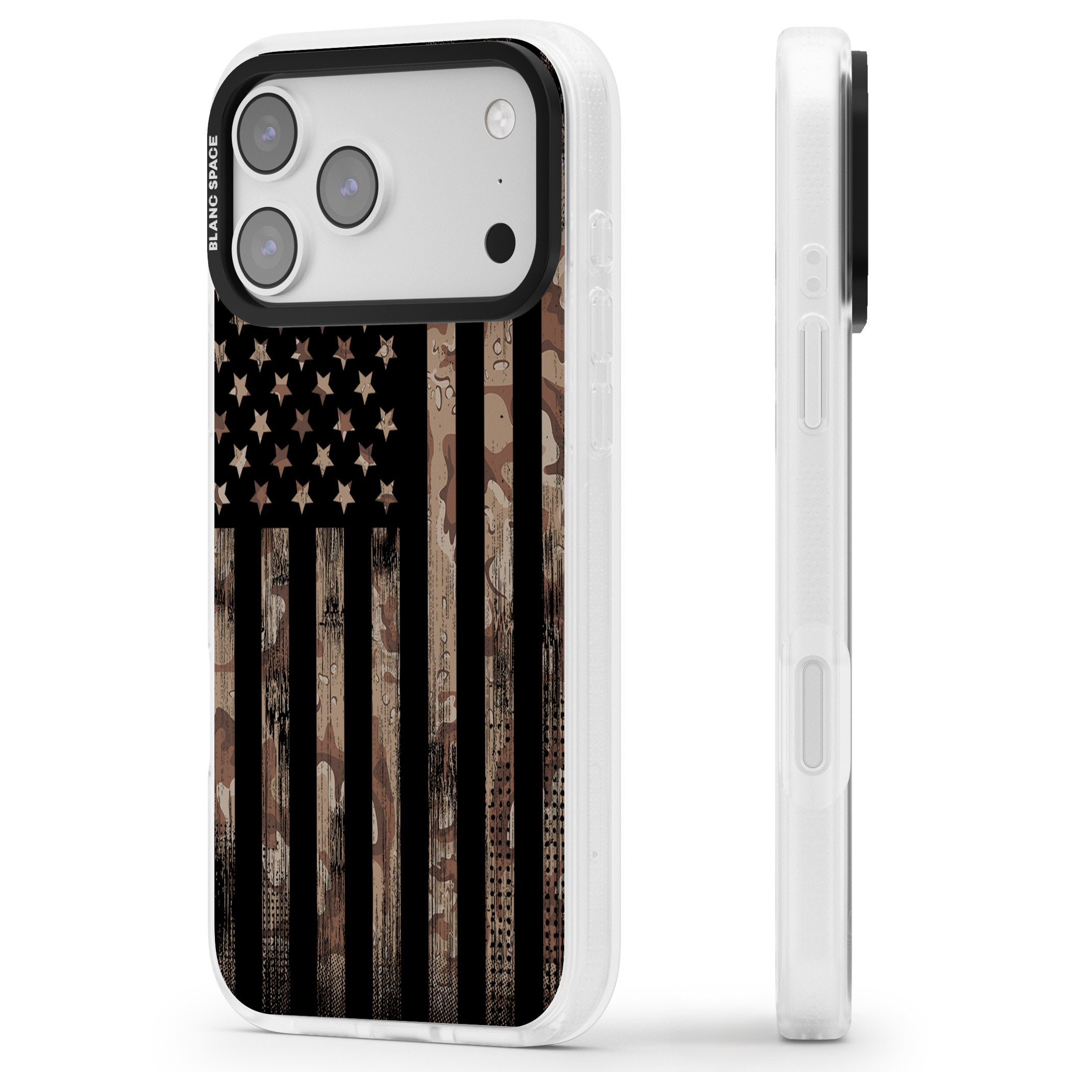 Desert Camo Us Flag iPhone 17 Pro Impact Air Clear Phone Case Side Profile
