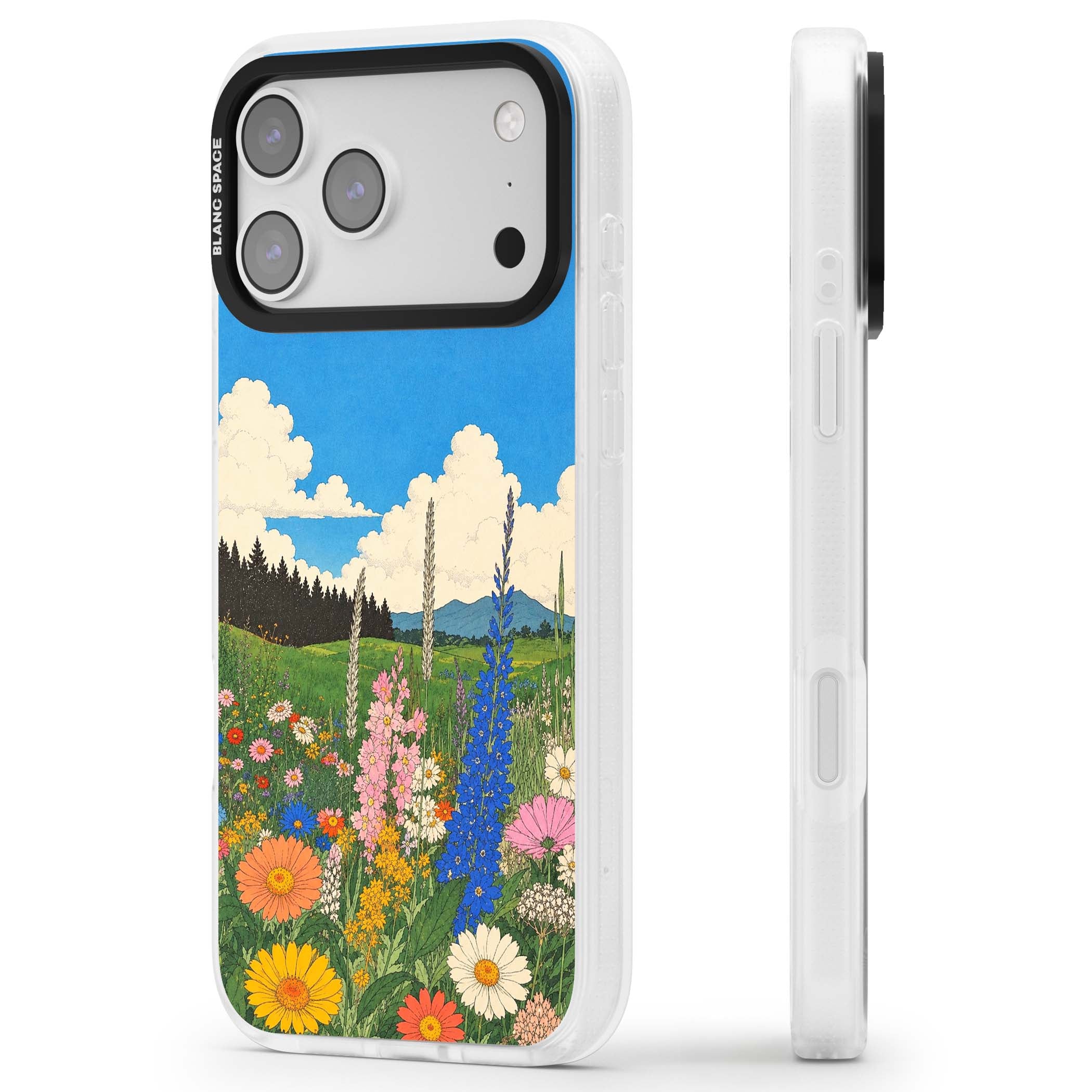 Wildbloom wildflower iPhone case featuring a vintage Japanese-style meadow landscape with daisies, delphiniums and moun | Clear Case Impact Air case for iPhone 17 Pro, iPhone 17 Pro Max