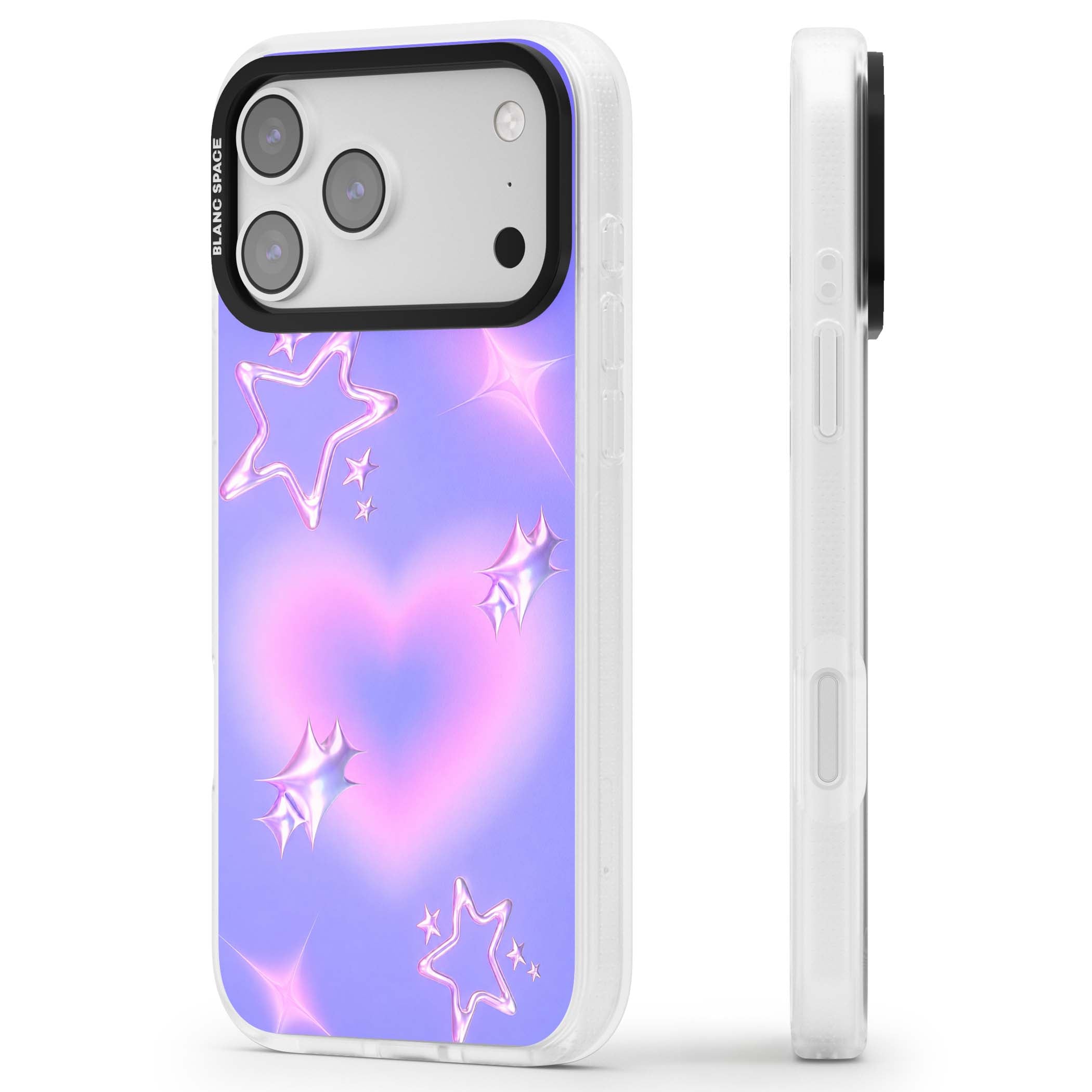 Soft Sugar Y2K iPhone case featuring iridescent chrome hearts, metallic pink stars and a lavender gradient sky | Clear Case Impact Air case for iPhone 17 Pro, iPhone 17 Pro Max