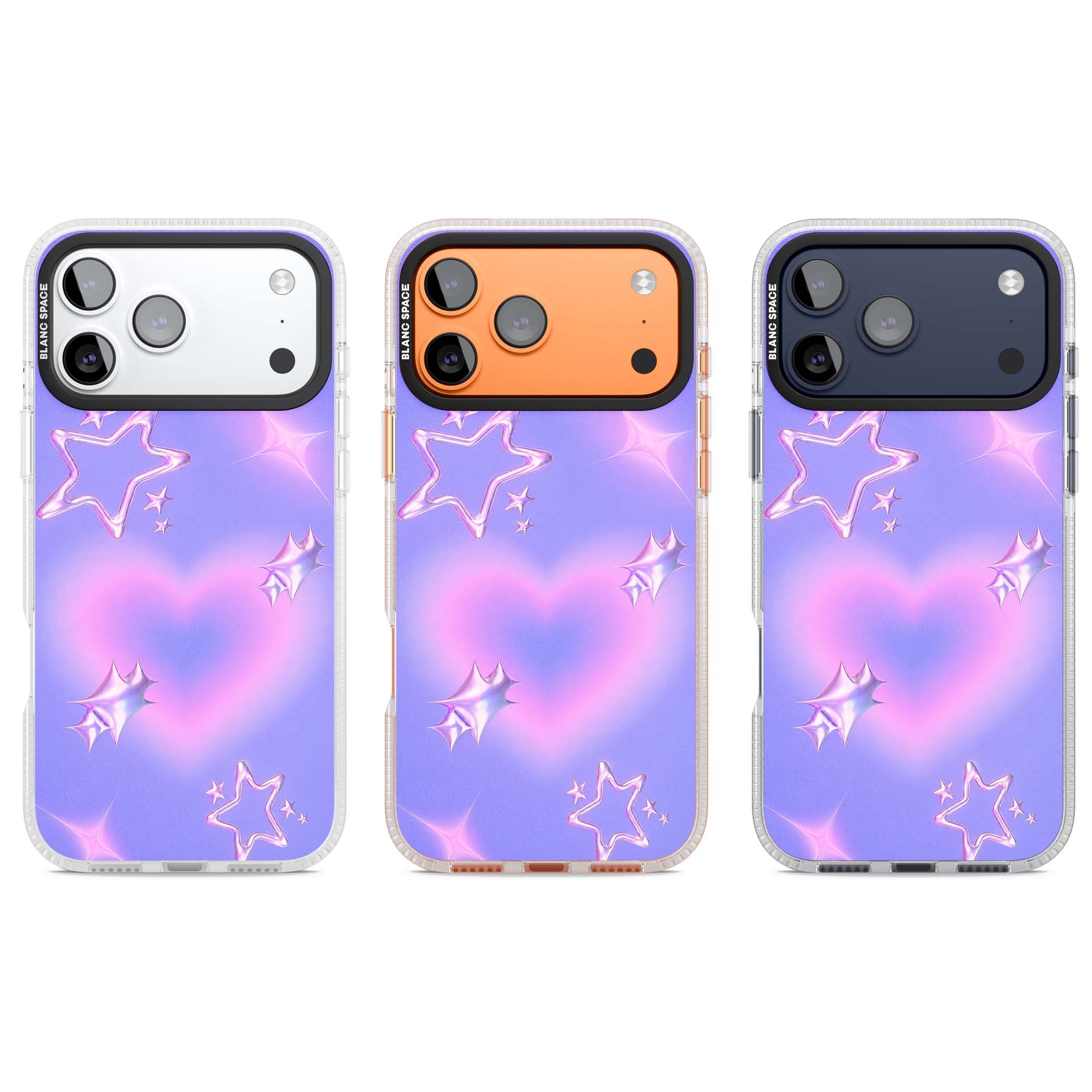 Soft Sugar Y2K iPhone case featuring iridescent chrome hearts, metallic pink stars and a lavender gradient sky | Clear Case Impact Air case for iPhone 17 Pro, iPhone 17 Pro Max