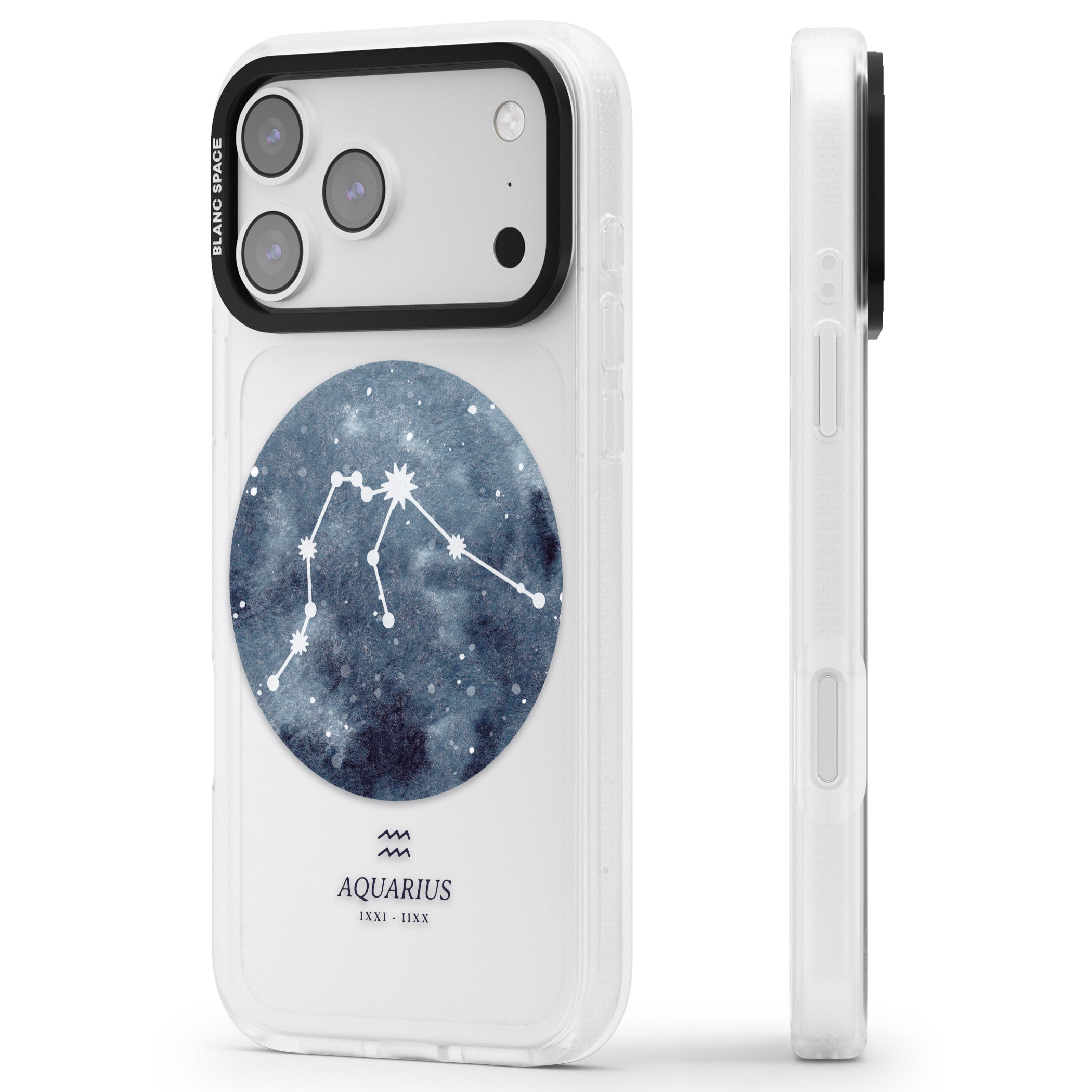 Aquarius Zodiac Blue iPhone 17 Pro Impact Air Clear Phone Case Side Profile