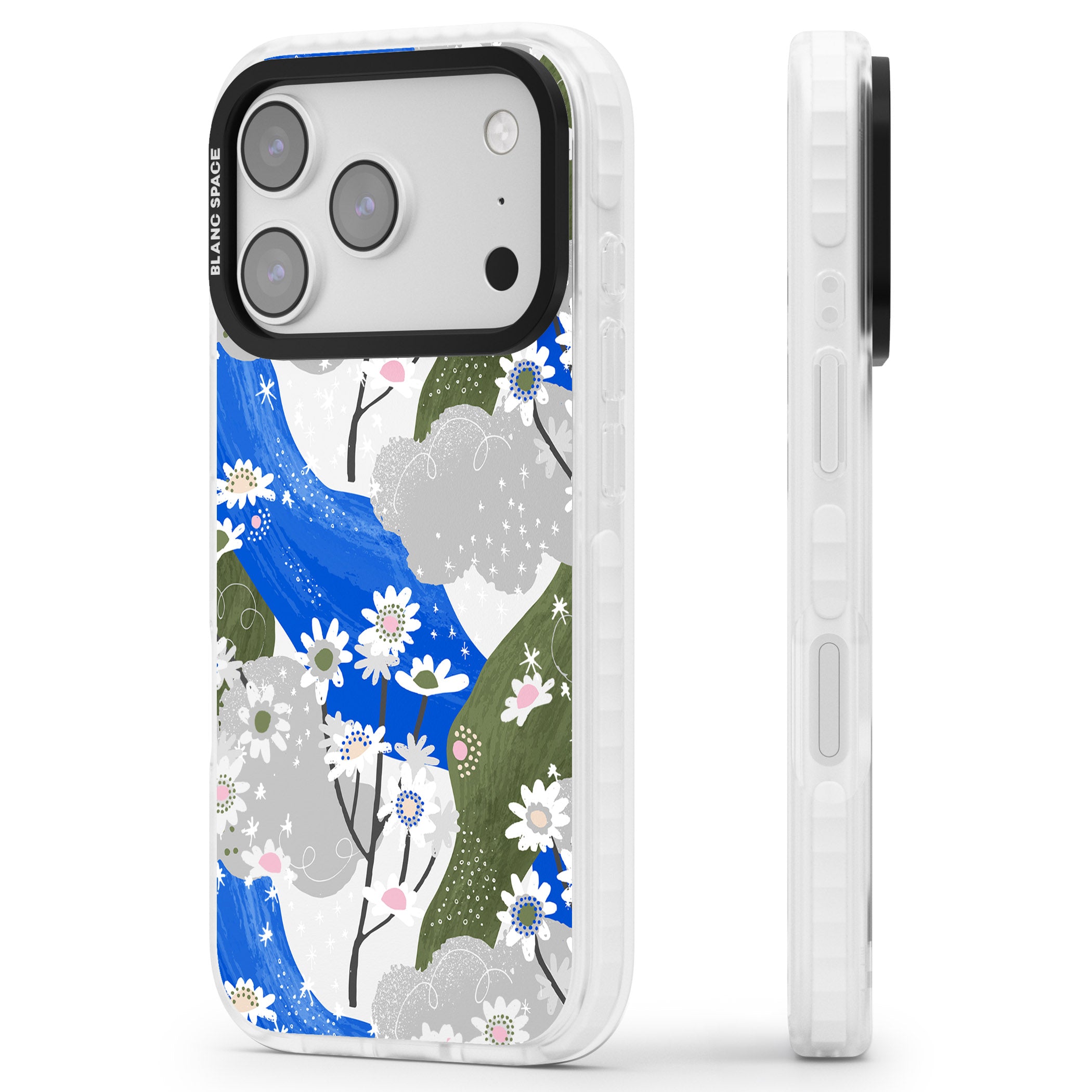 Blue & Grey Daisies Pattern iPhone 17 Pro Impact Clear Phone Case Side Profile