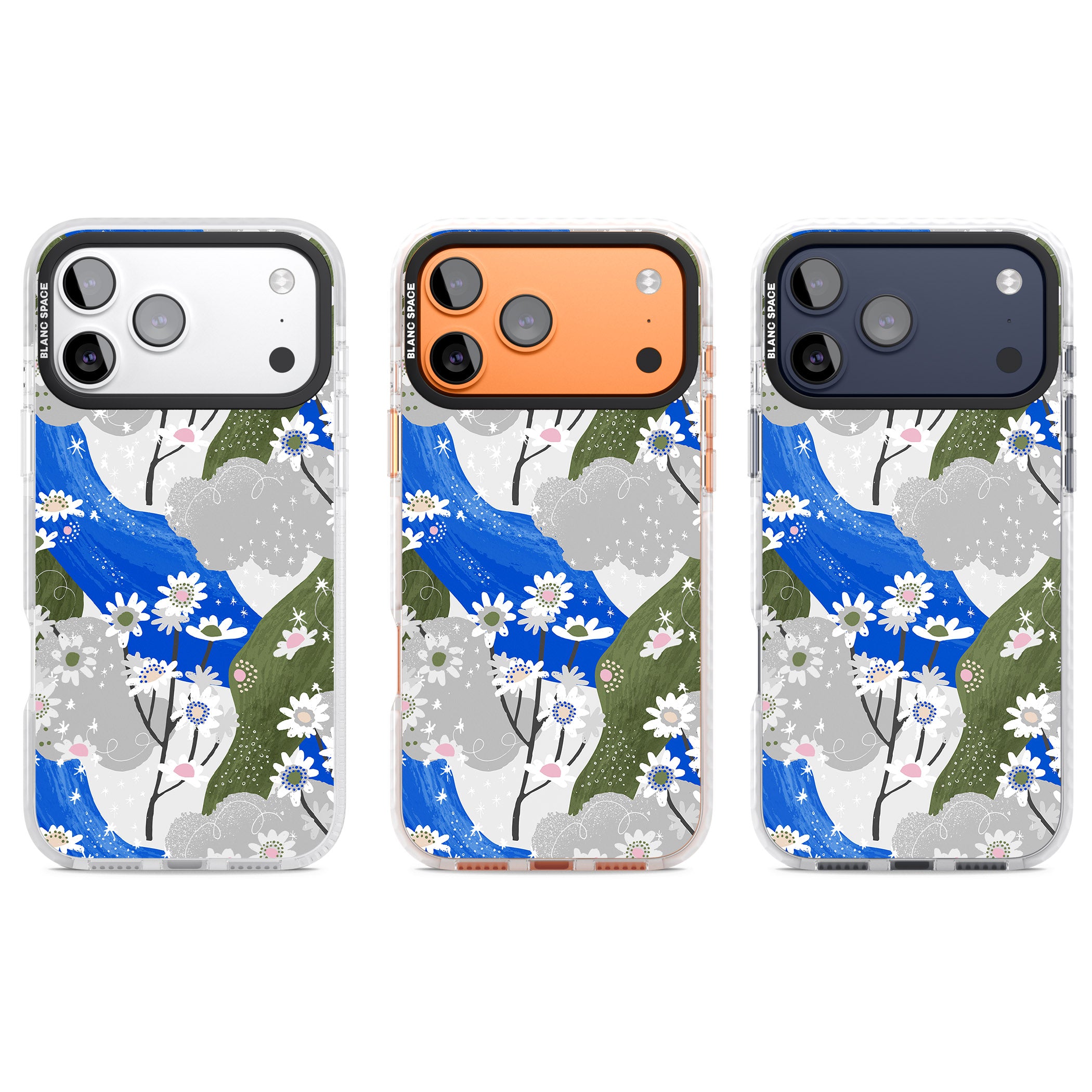 Blue & Grey Daisies Pattern iPhone 17 Pro Impact Clear Phone Case APT Impact Protection