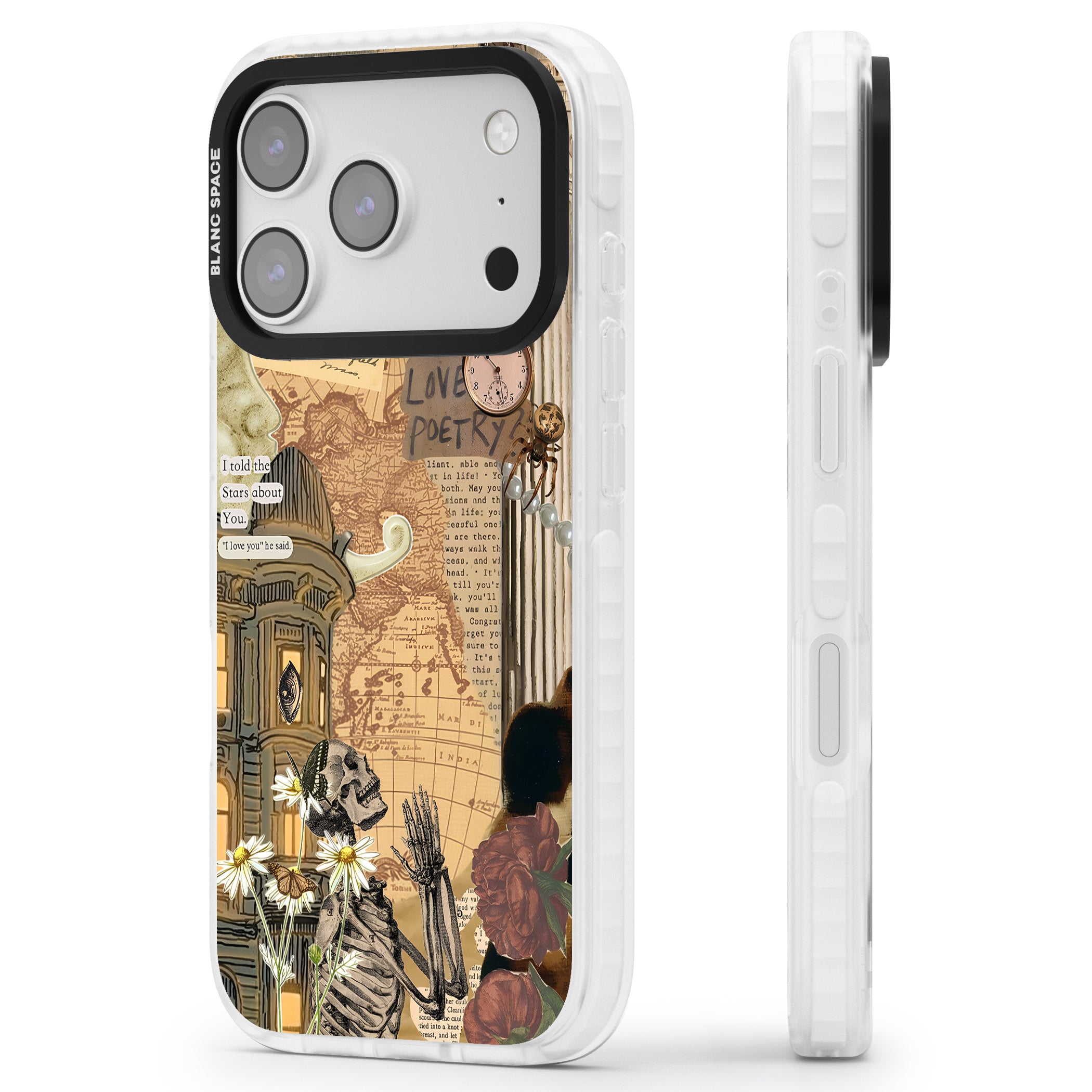 Skeleton Poetry iPhone 17 Pro Impact Clear Phone Case Side Profile