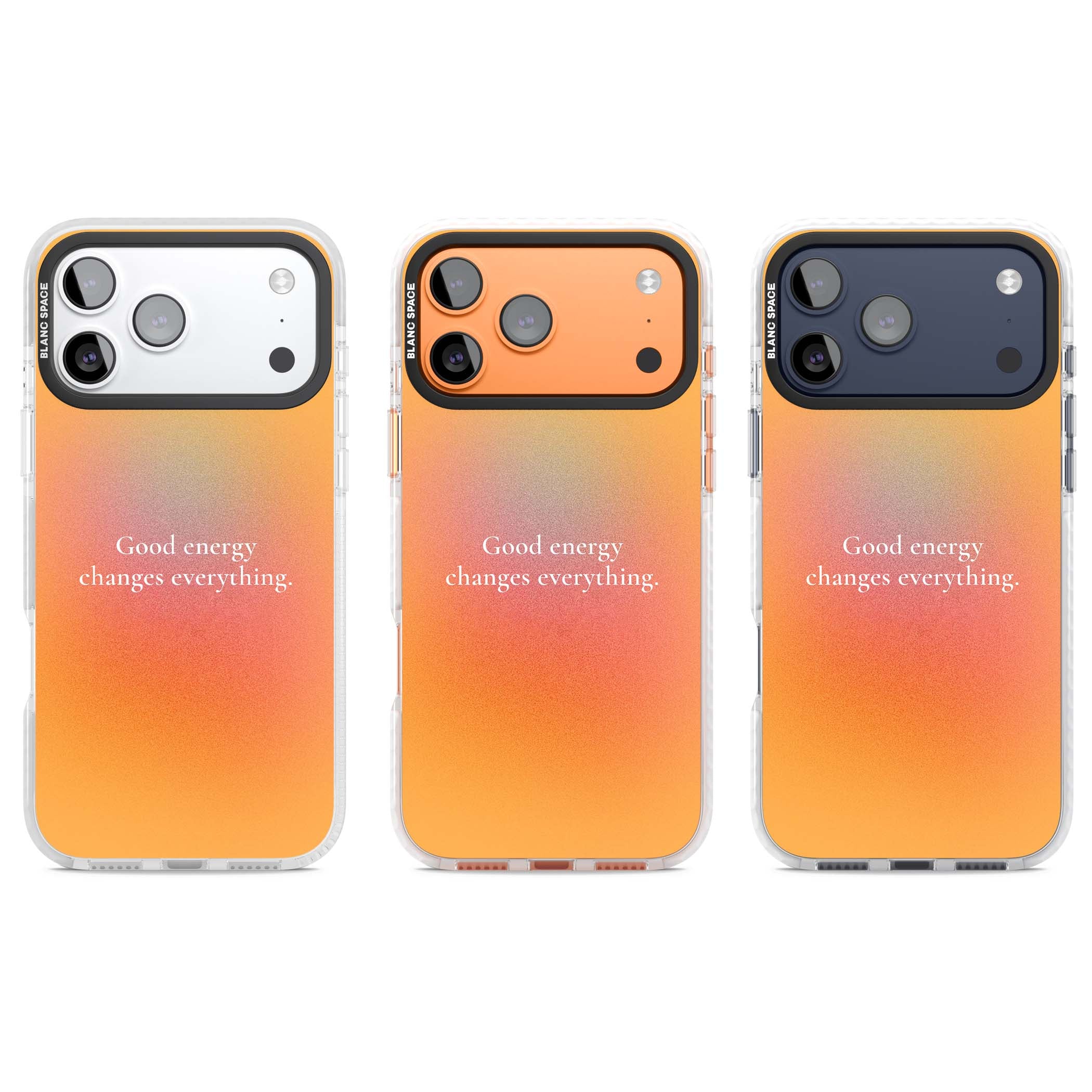 Good Energy quote iPhone case featuring an orange and pink aura gradient with white serif affirmation text | Black Impact case for iPhone 17 Pro, iPhone 17 Pro Max