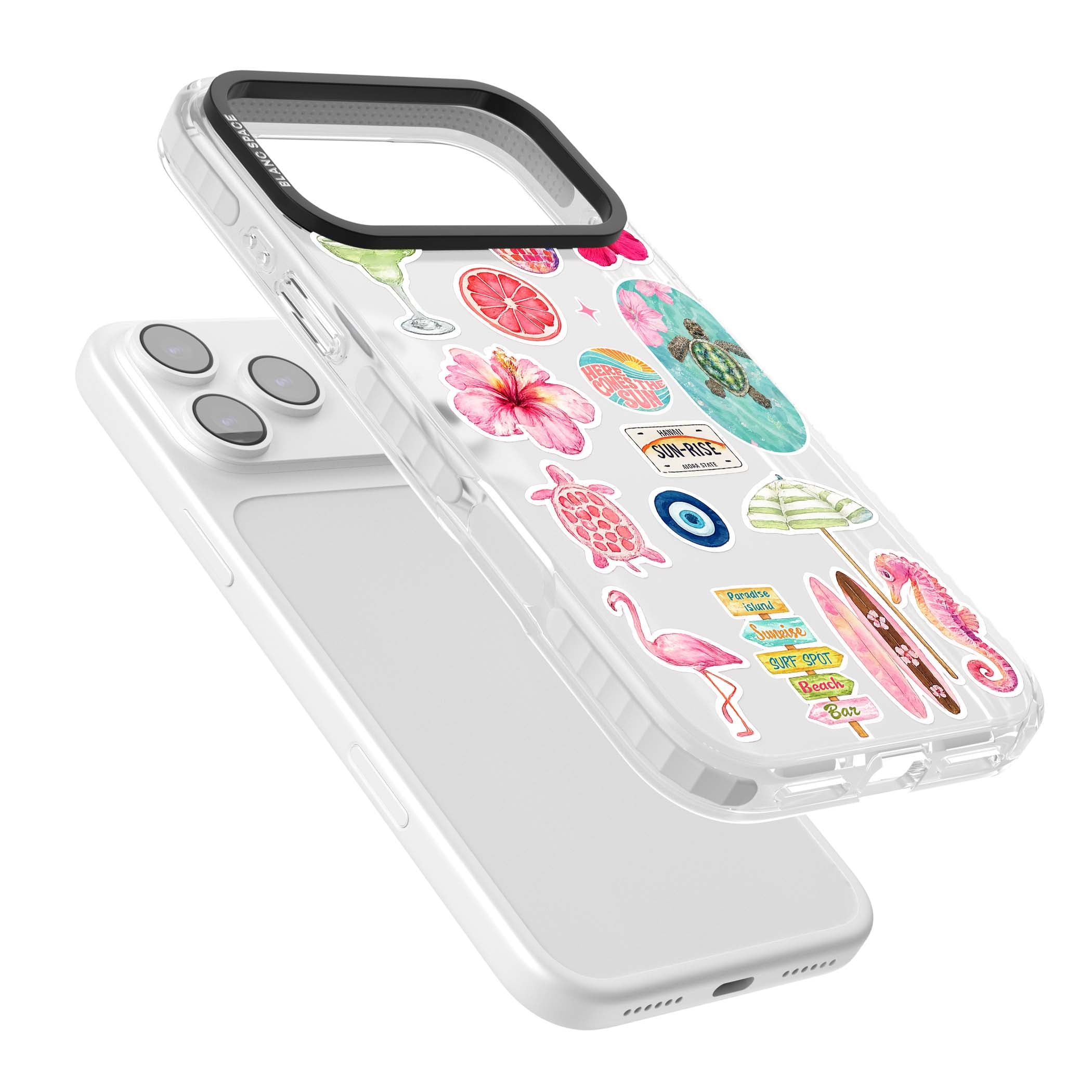 Aloha Sticker Mix tropical summer iPhone case featuring pink hibiscus, sea turtles, flamingo and beach umbrella stickers | Black Impact case for iPhone 17 Pro, iPhone 17 Pro Max