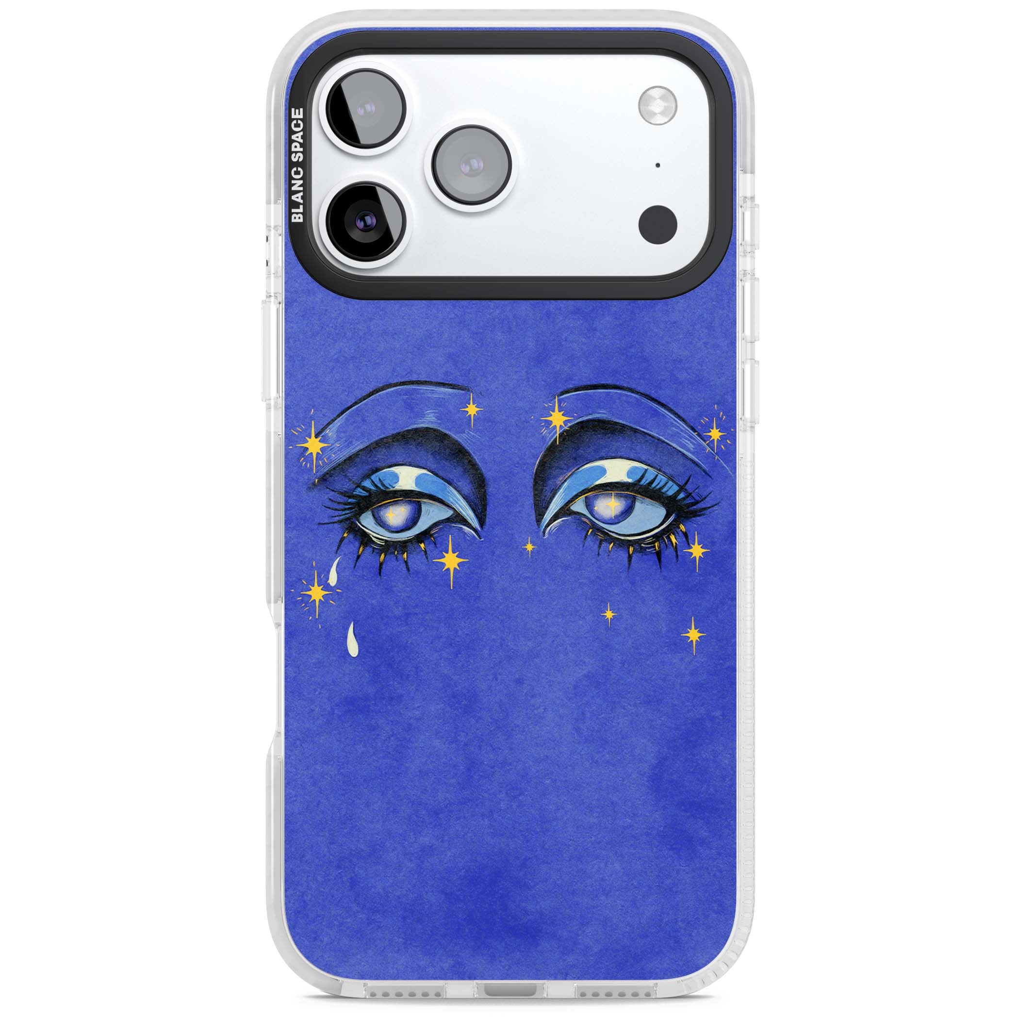 Blue Mystic Eyes celestial iPhone case featuring hand drawn blue mystical eyes, golden stars and a painted tear on indigo | Black Impact case for iPhone 17 Pro, iPhone 17 Pro Max