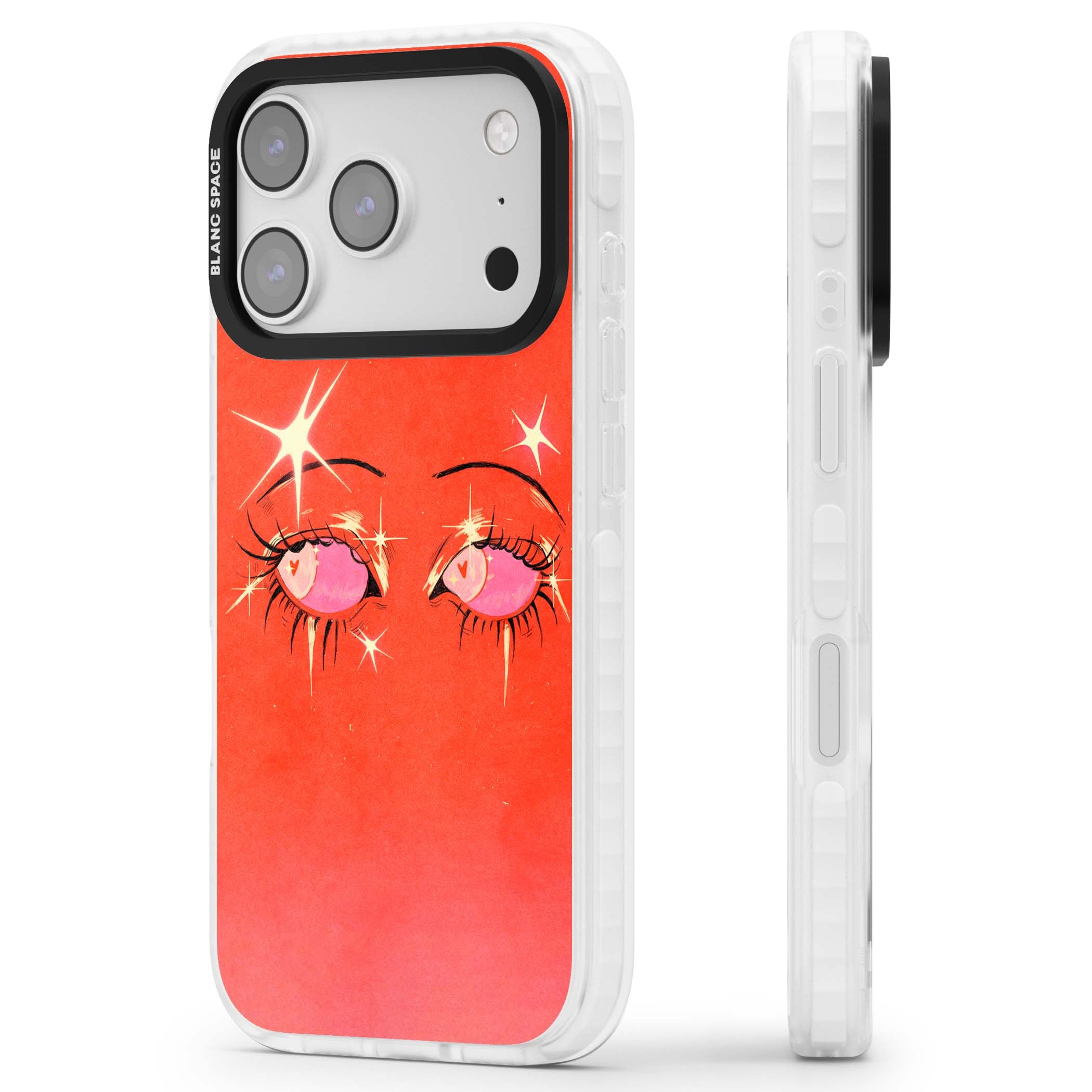 Pink Ethereal Eyes anime iPhone case featuring hand-drawn sparkly eyes with pink hearts and gold stars on red | Black Impact case for iPhone 17 Pro, iPhone 17 Pro Max