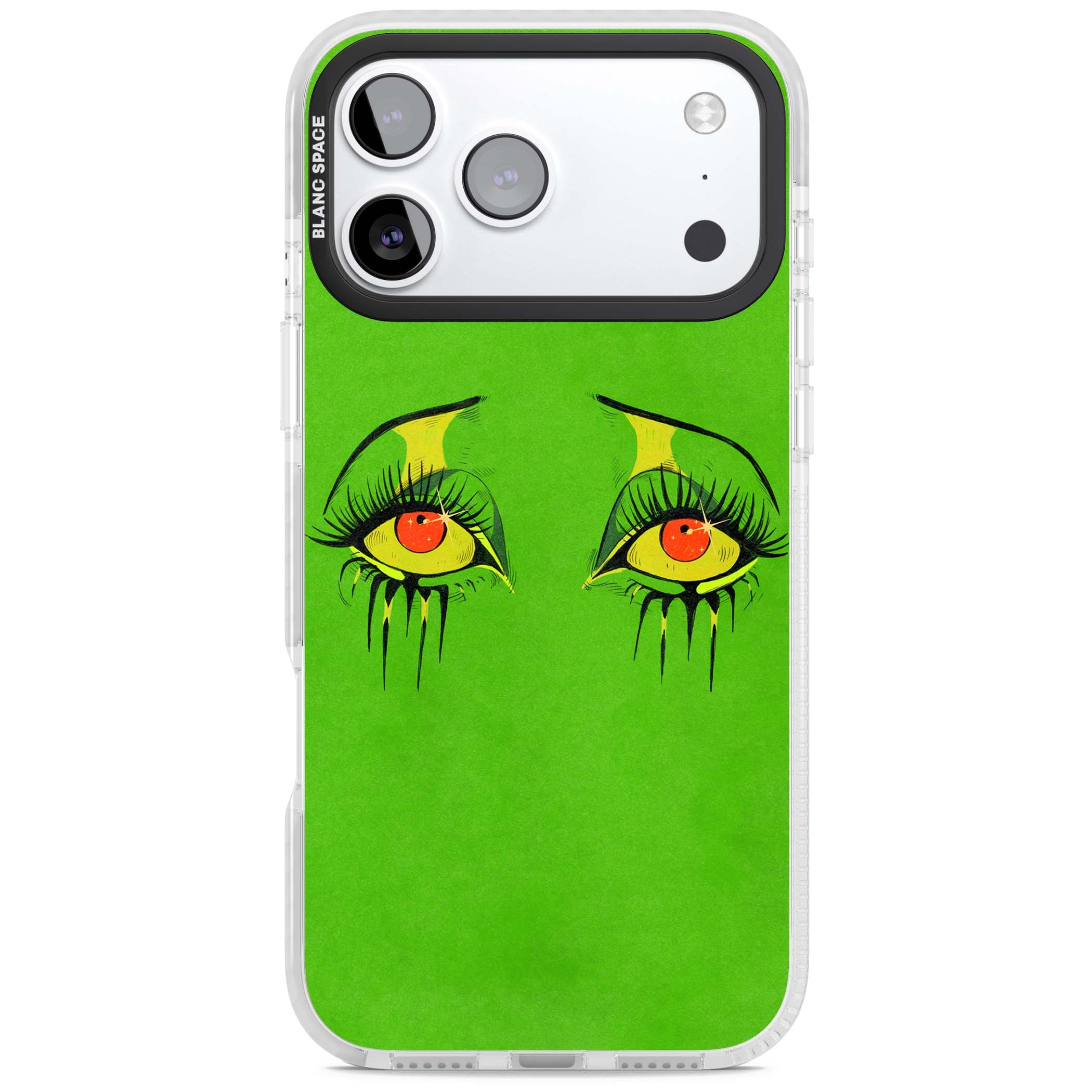 Green Enchanted Eyes psychedelic art iPhone case featuring hand-drawn dripping eyes on neon green background | Black Impact case for iPhone 17 Pro, iPhone 17 Pro Max