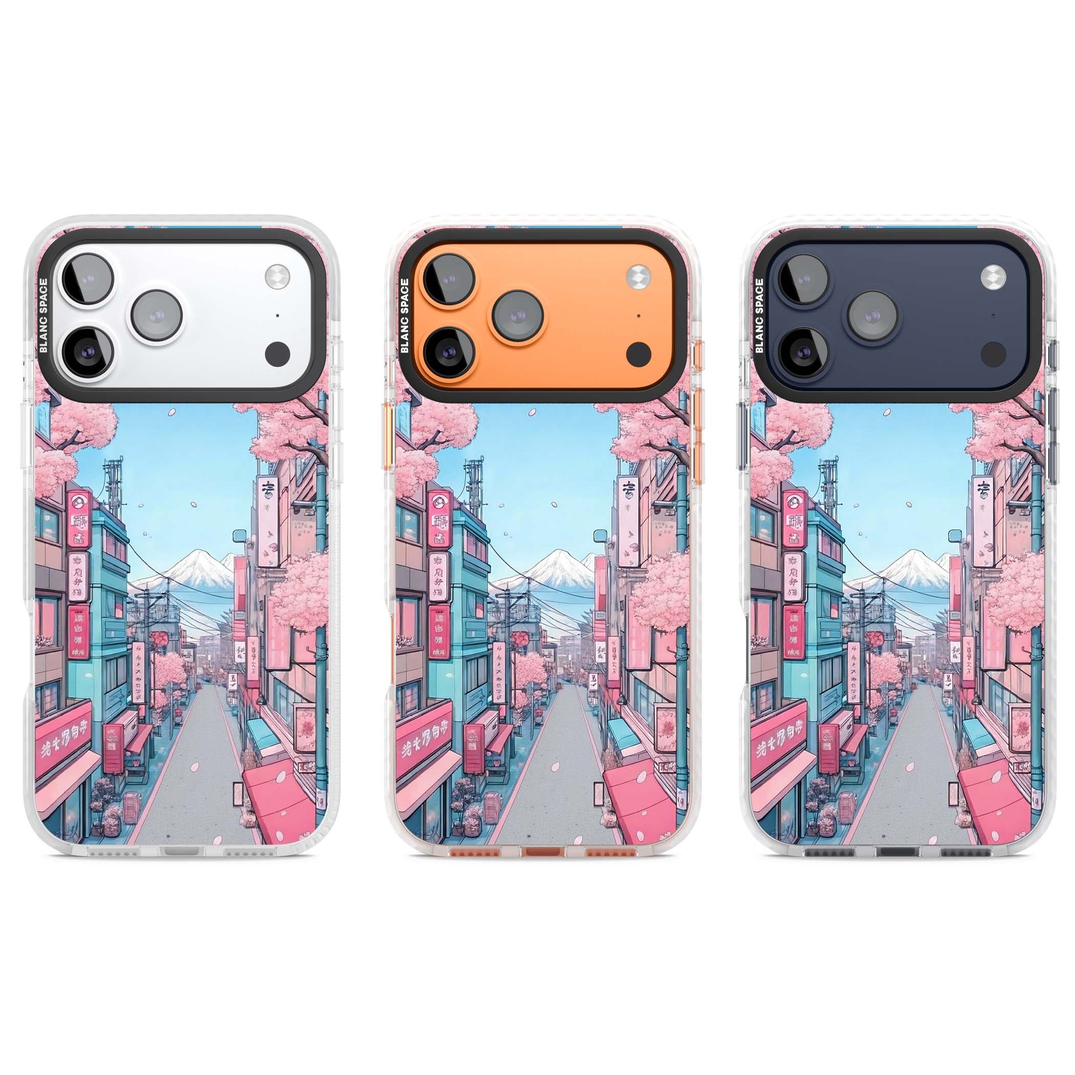 Sakura Lane anime iPhone case featuring Tokyo street scene with cherry blossoms and Mount Fuji | Black Impact case for iPhone 17 Pro, iPhone 17 Pro Max