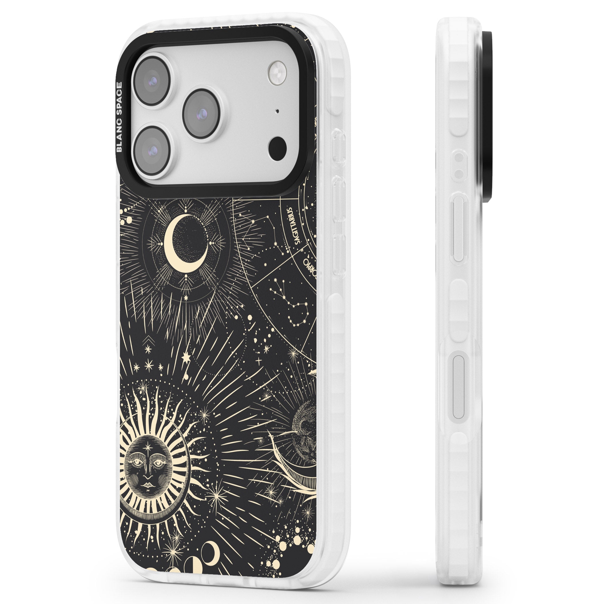 Cosmic Sun & Symbols Zodiac iPhone 17 Pro Impact Clear Phone Case Side Profile