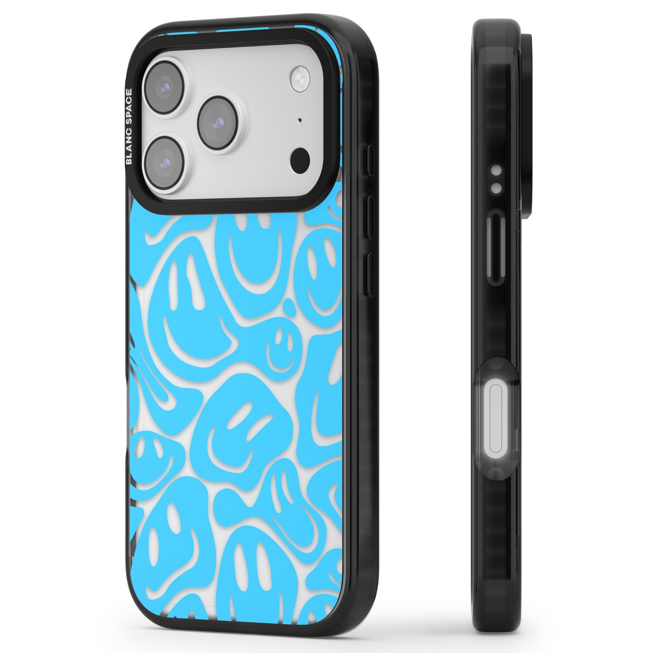 Blue Acid Faces iPhone 17 Pro Impact Black Phone Case Side Profile