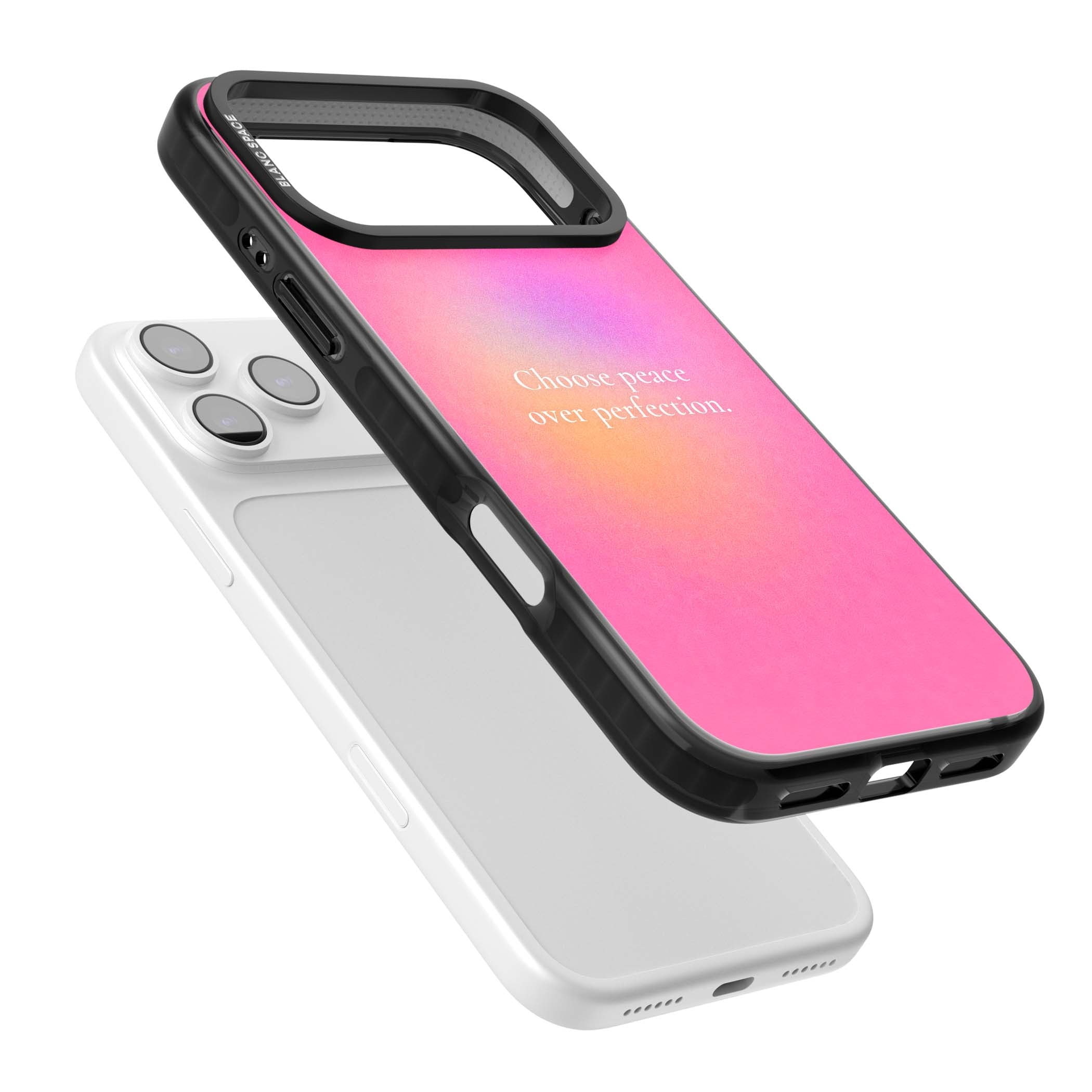 Peace Over Perfection quote iPhone case featuring a dreamy pink aura gradient and delicate white affirmation text | Clear Impact case for iPhone 17 Pro, iPhone 17 Pro Max