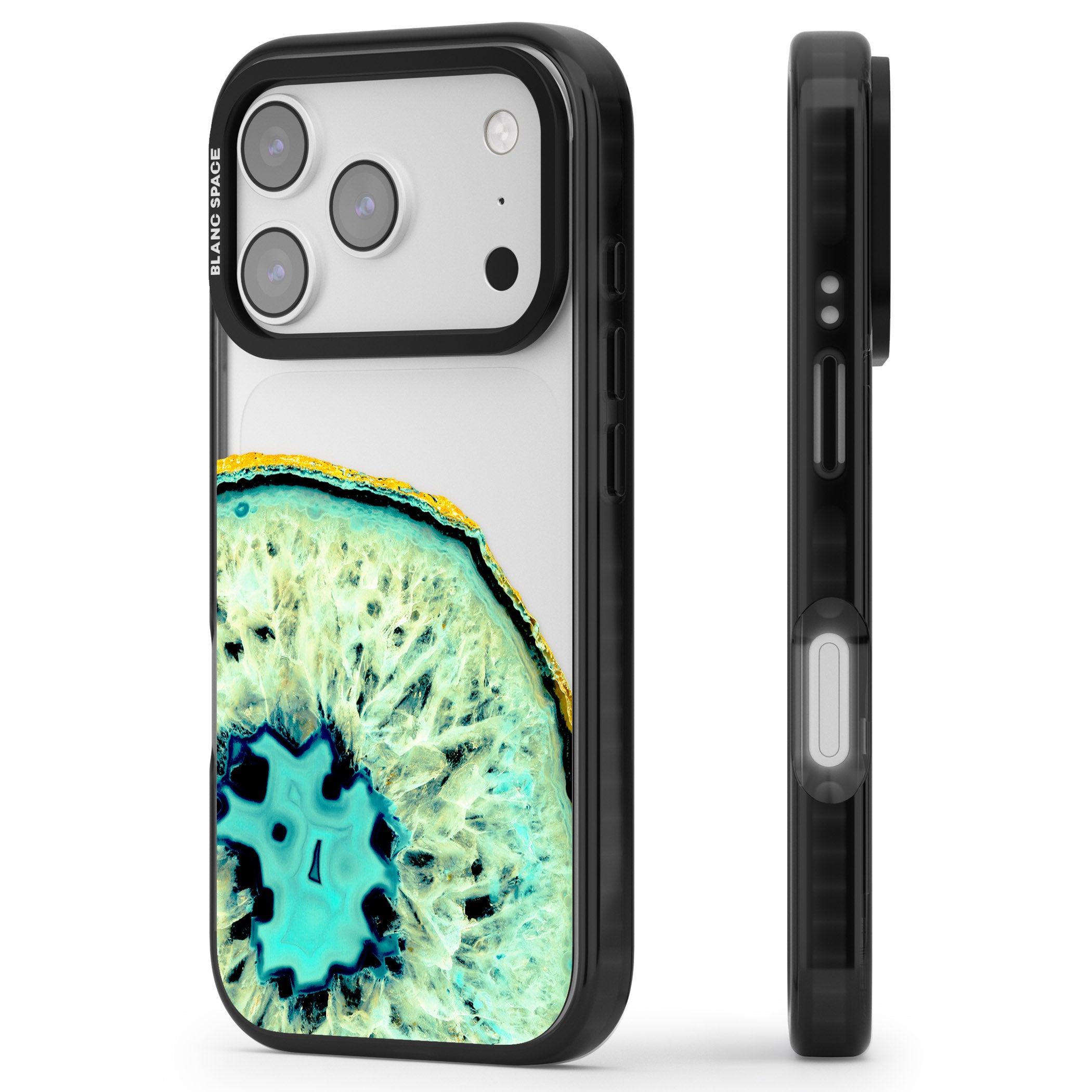 Turquoise Geode Crystal iPhone 17 Pro Impact Black Phone Case Side Profile