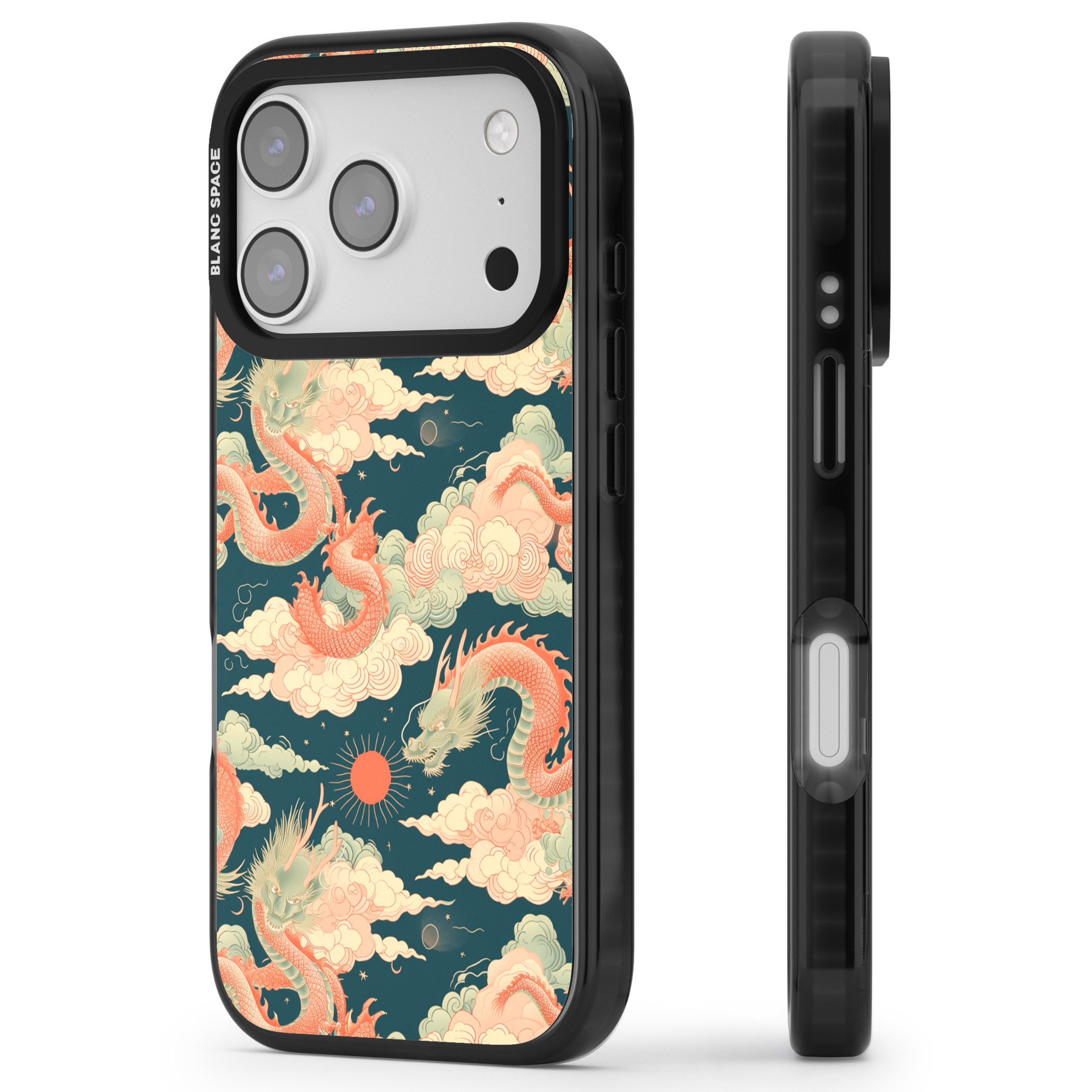 Chinese Dragons Clouds iPhone 17 Pro Impact Black Phone Case Side Profile