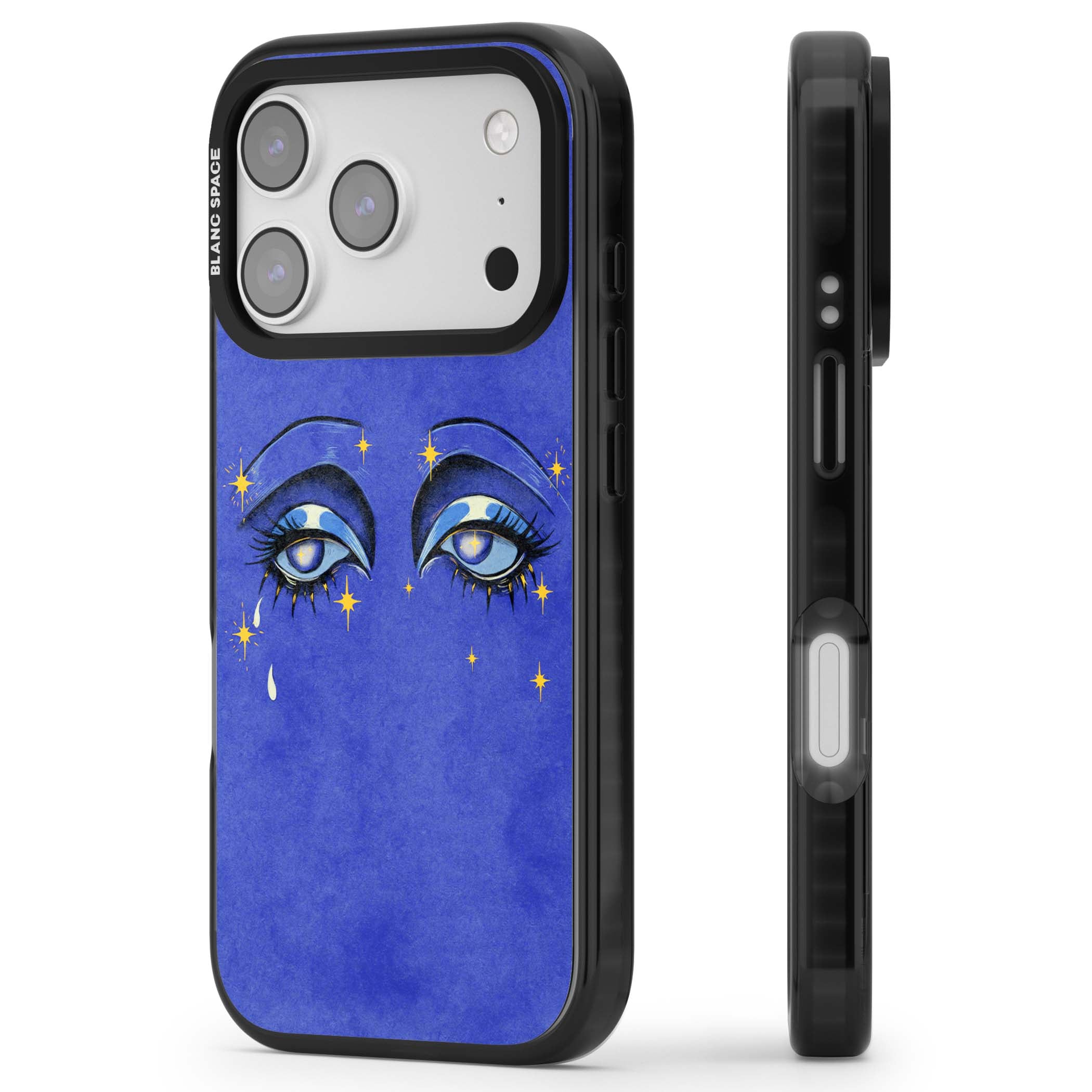 Blue Mystic Eyes celestial iPhone case featuring hand drawn blue mystical eyes, golden stars and a painted tear on indigo | Clear Impact case for iPhone 17 Pro, iPhone 17 Pro Max