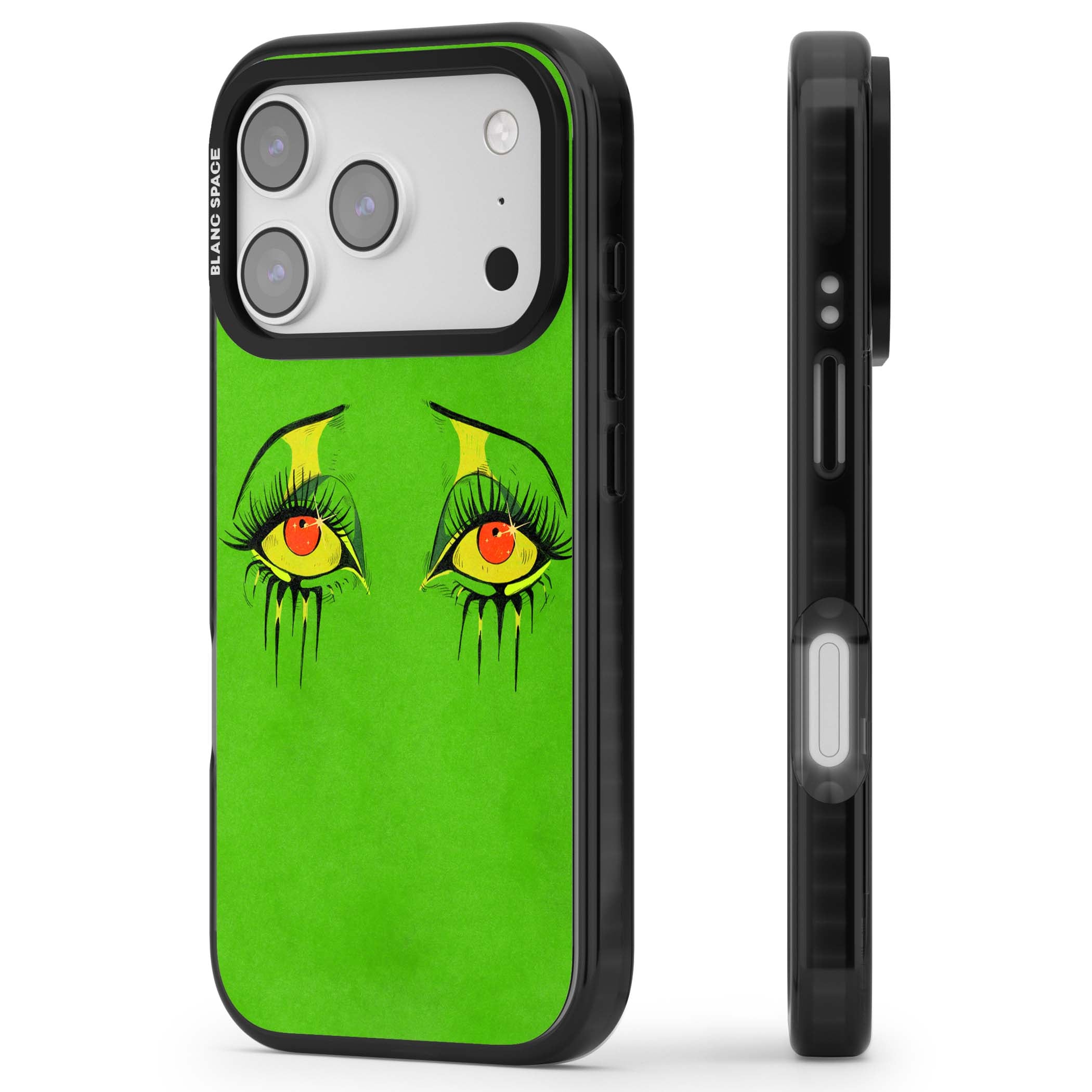 Green Enchanted Eyes psychedelic art iPhone case featuring hand-drawn dripping eyes on neon green background | Clear Impact case for iPhone 17 Pro, iPhone 17 Pro Max