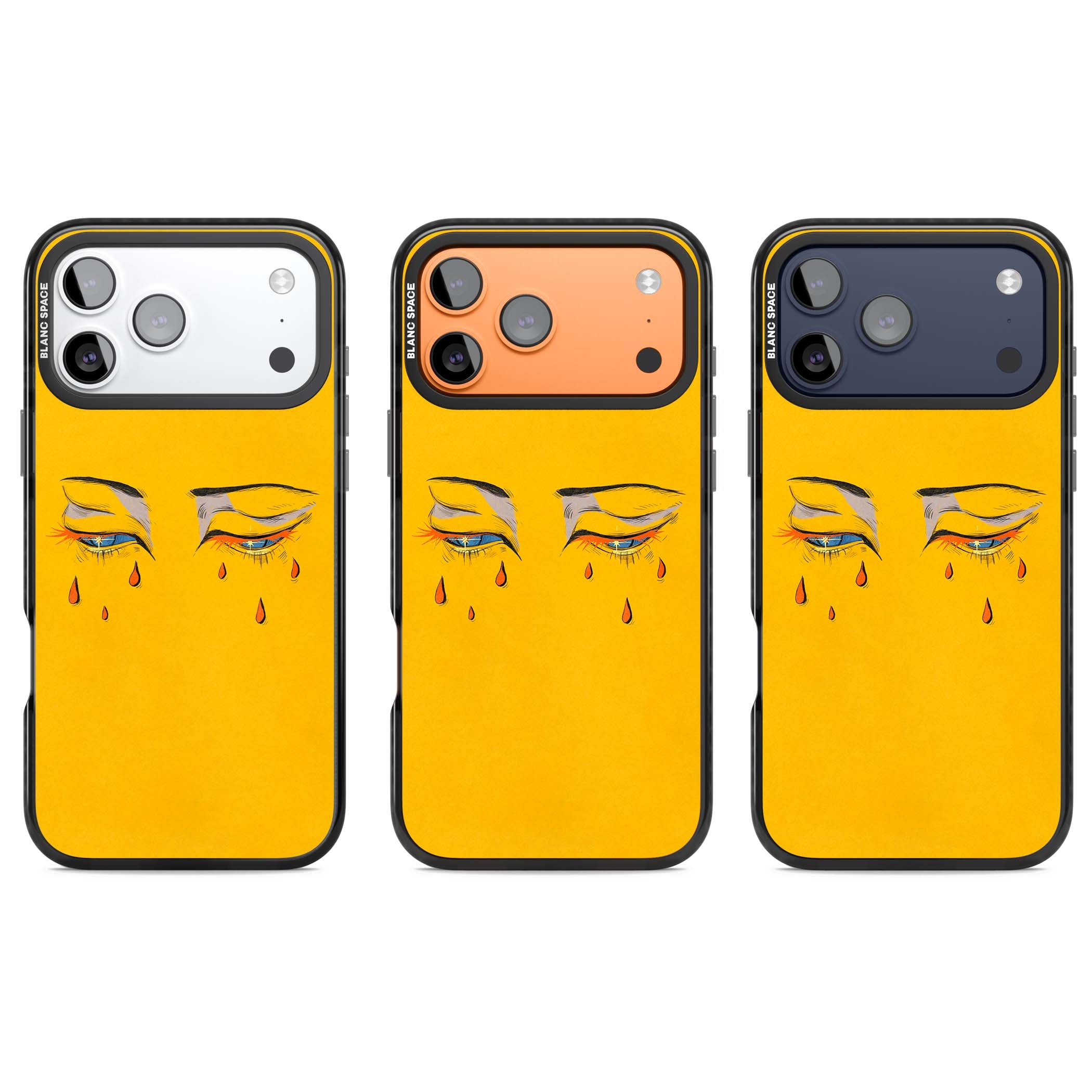 Yellow Tearful Eyes indie iPhone case featuring hand-drawn crying eyes with orange tears on a yellow background | Clear Impact case for iPhone 17 Pro, iPhone 17 Pro Max