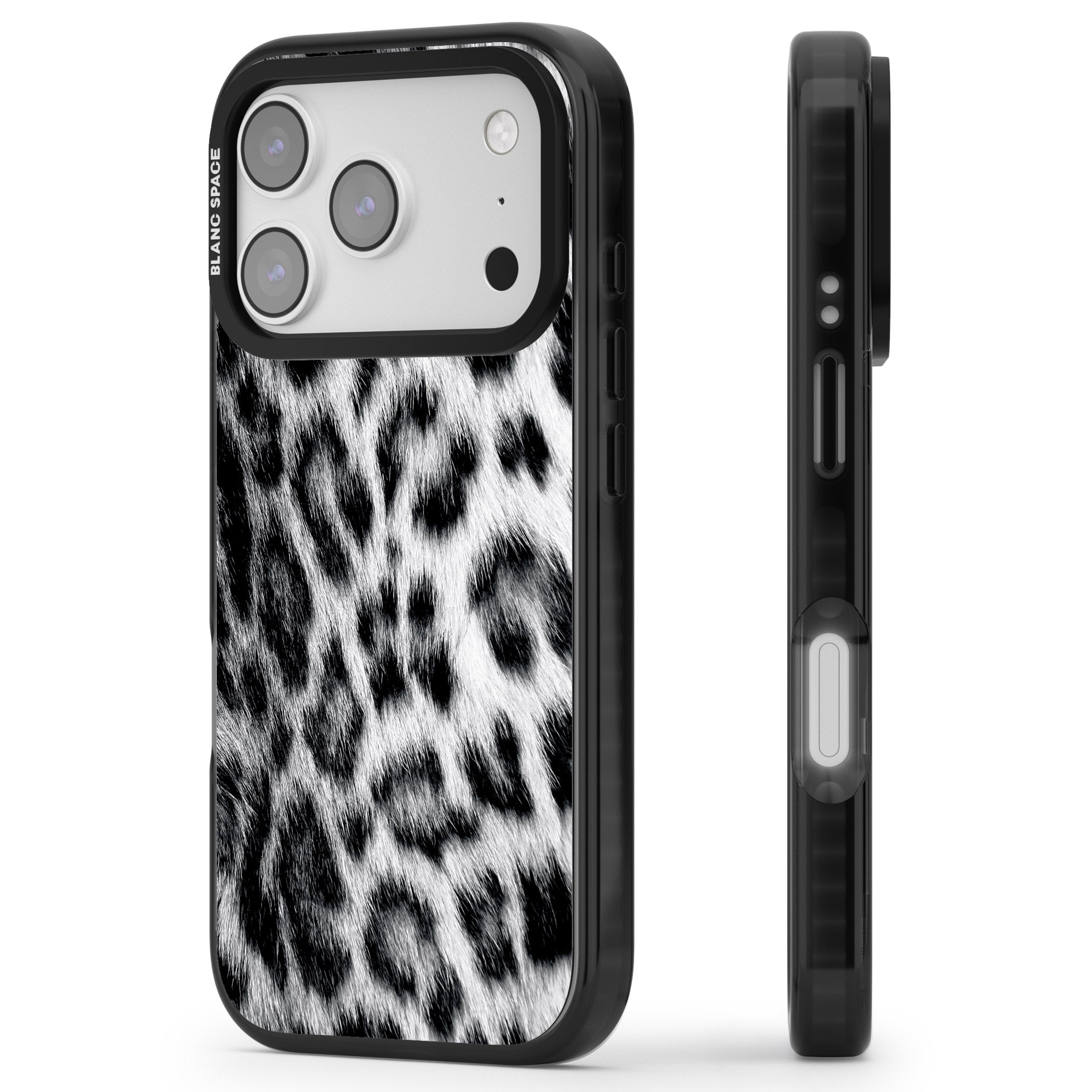 Animal Fur Pattern Snow Leopard iPhone 17 Pro Impact Black Phone Case Side Profile