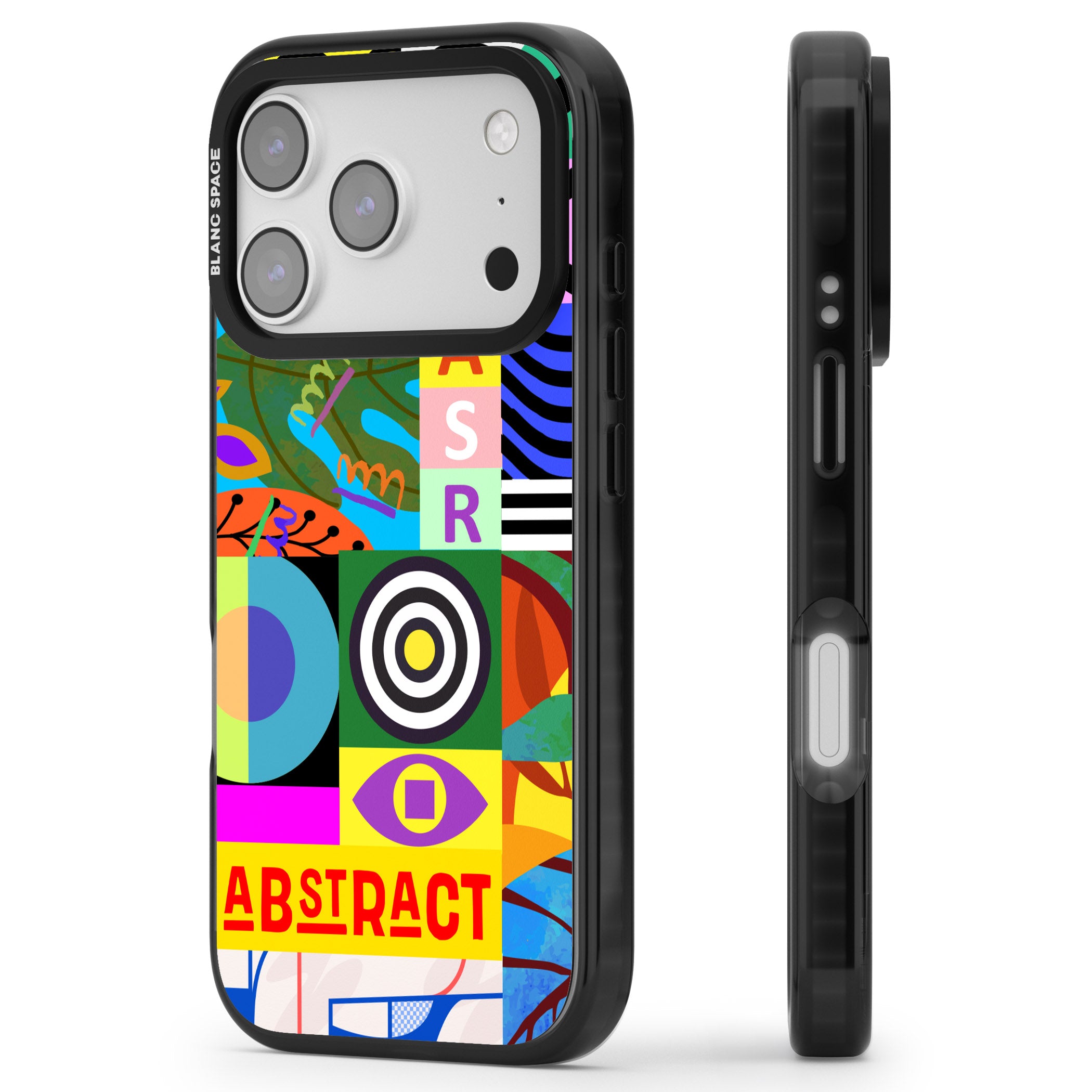 Abstract Pattern Patchwork iPhone 17 Pro Impact Black Phone Case Side Profile