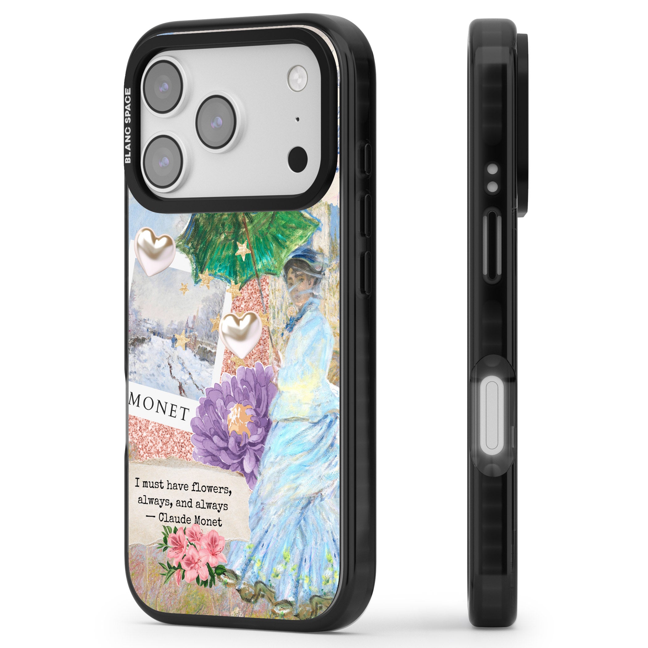 Monet 'Must Have Flowers' Collage iPhone 17 Pro Impact Black Phone Case Side Profile