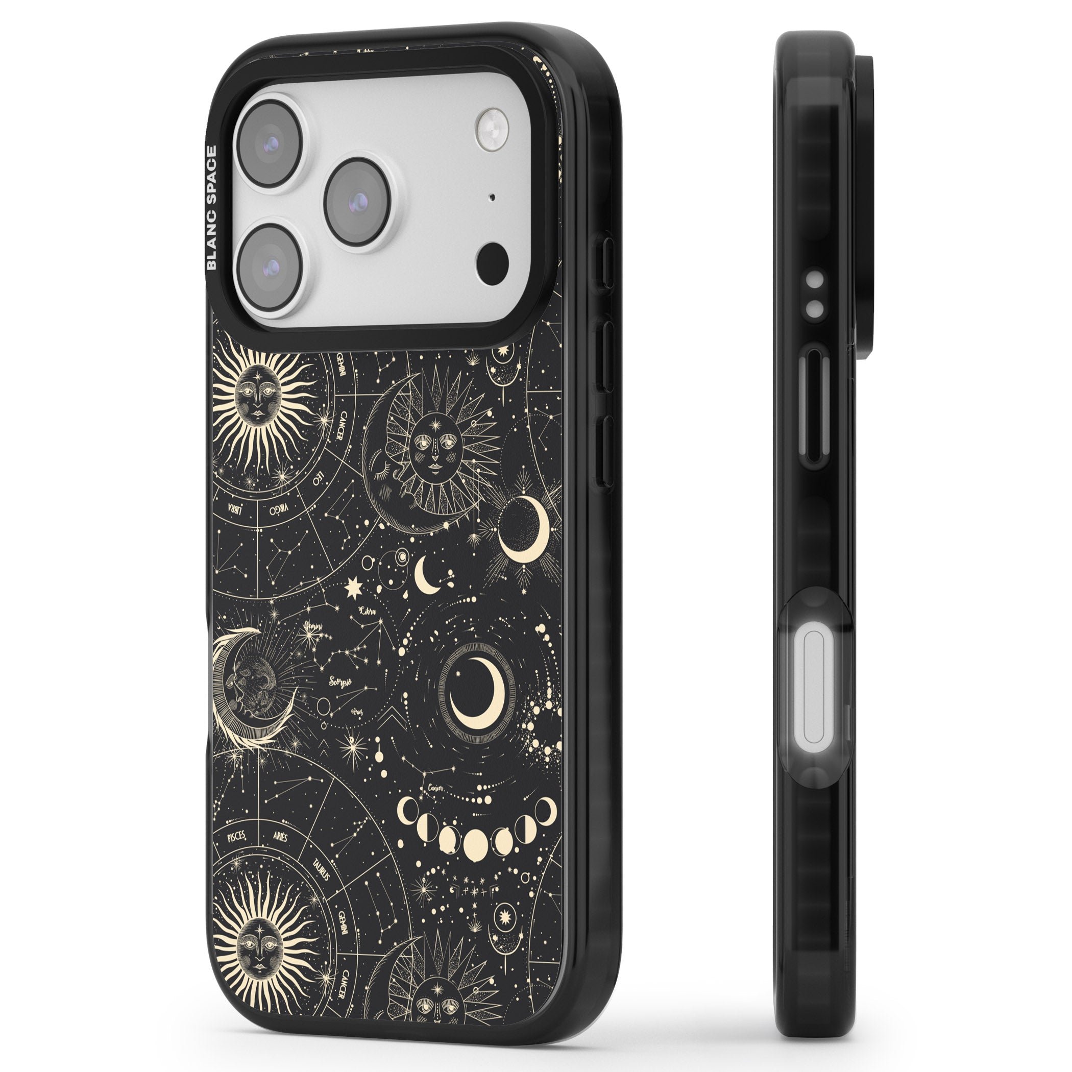 Celestial Suns, Moons & Zodiacs iPhone 17 Pro Impact Black Phone Case Side Profile