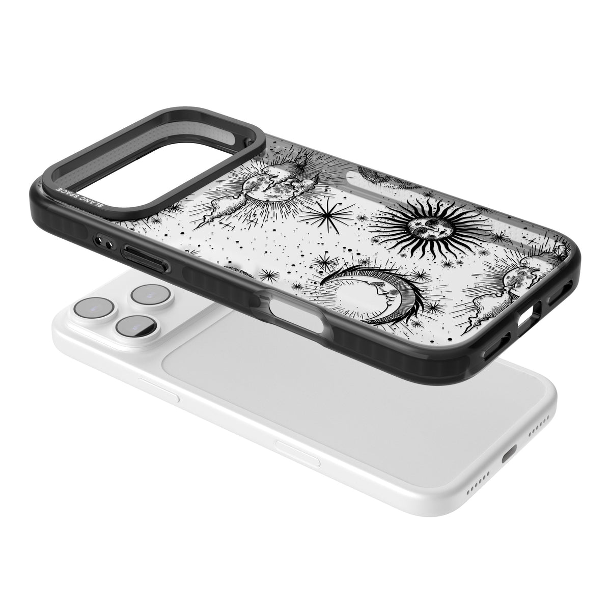 Suns, Moons & Clouds iPhone 17 Pro Max Impact Black Phone Case angled