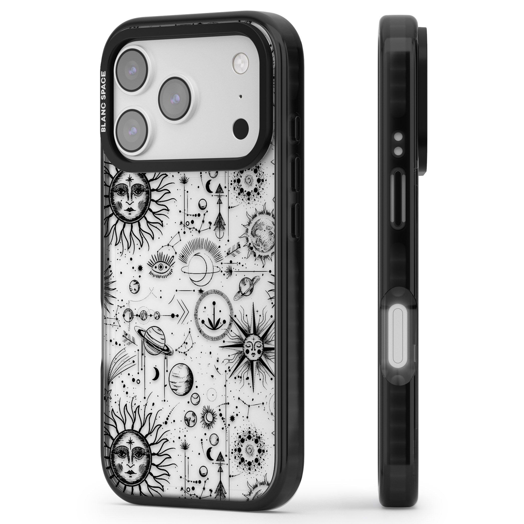 Cosmic Sun & Planets Zodiac iPhone 17 Pro Impact Black Phone Case Side Profile