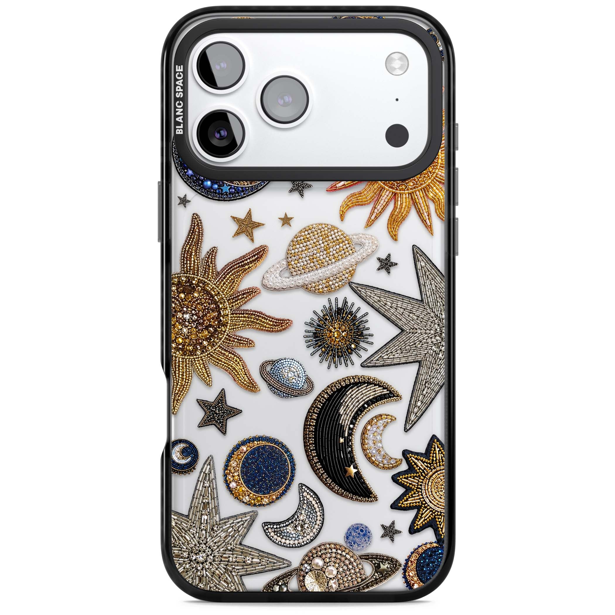 Beaded Cosmos celestial iPhone case featuring embroidered golden suns, beaded planets and silver shooting stars | Clear Impact case for iPhone 17 Pro, iPhone 17 Pro Max