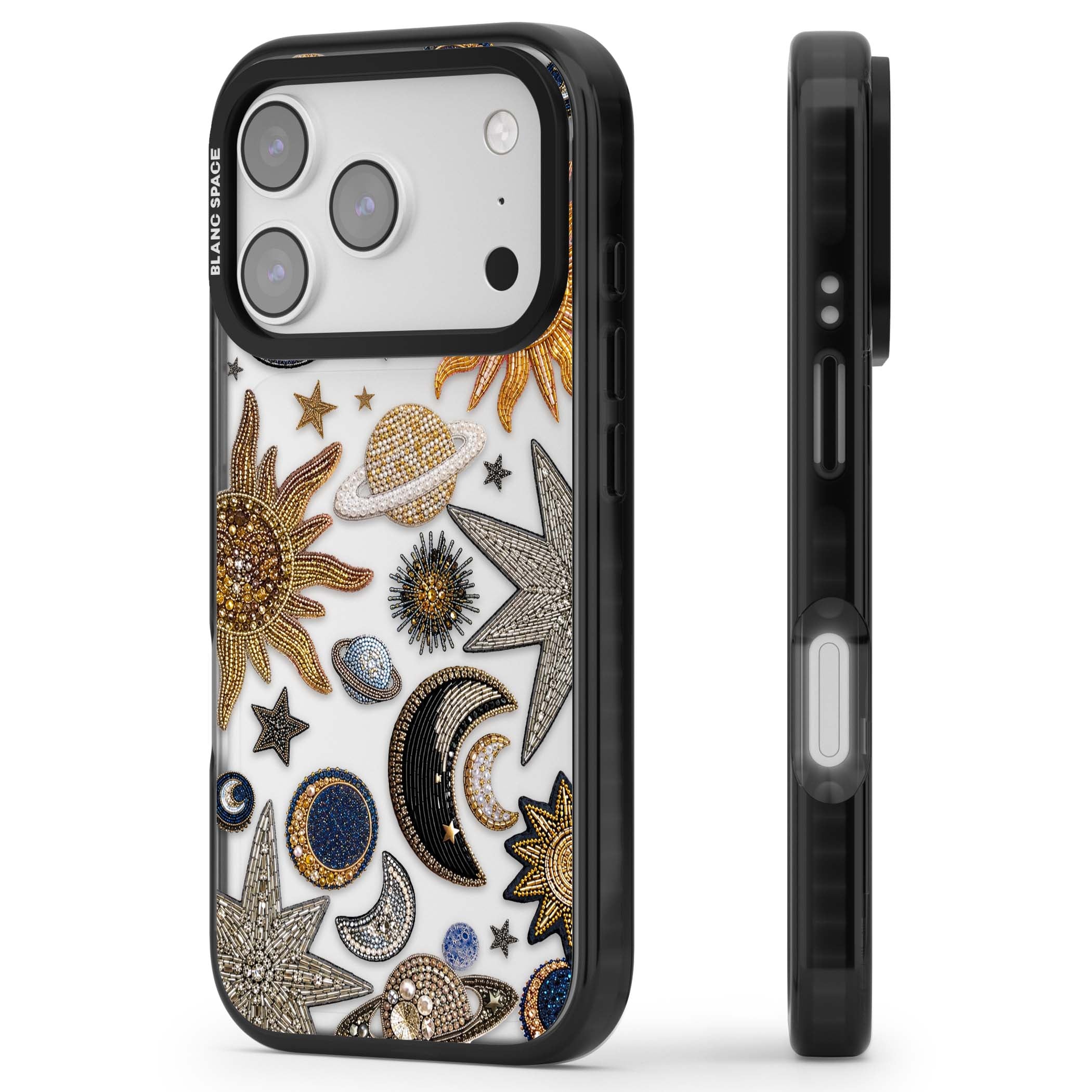 Beaded Cosmos celestial iPhone case featuring embroidered golden suns, beaded planets and silver shooting stars | Clear Impact case for iPhone 17 Pro, iPhone 17 Pro Max