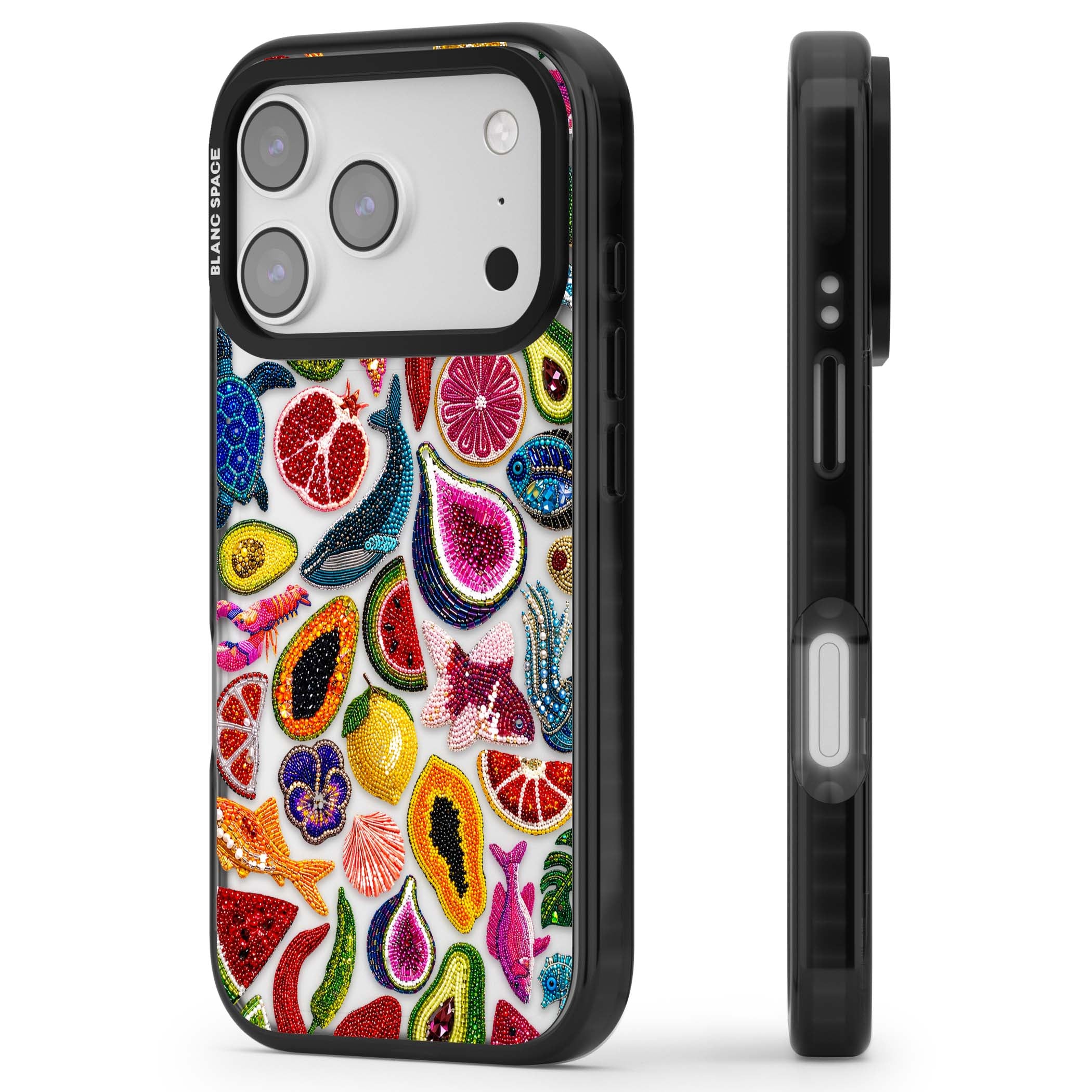 Beaded Tropic tropical iPhone case featuring beaded fruit, fish, crabs and seashells in vibrant colour | Clear Impact case for iPhone 17 Pro, iPhone 17 Pro Max