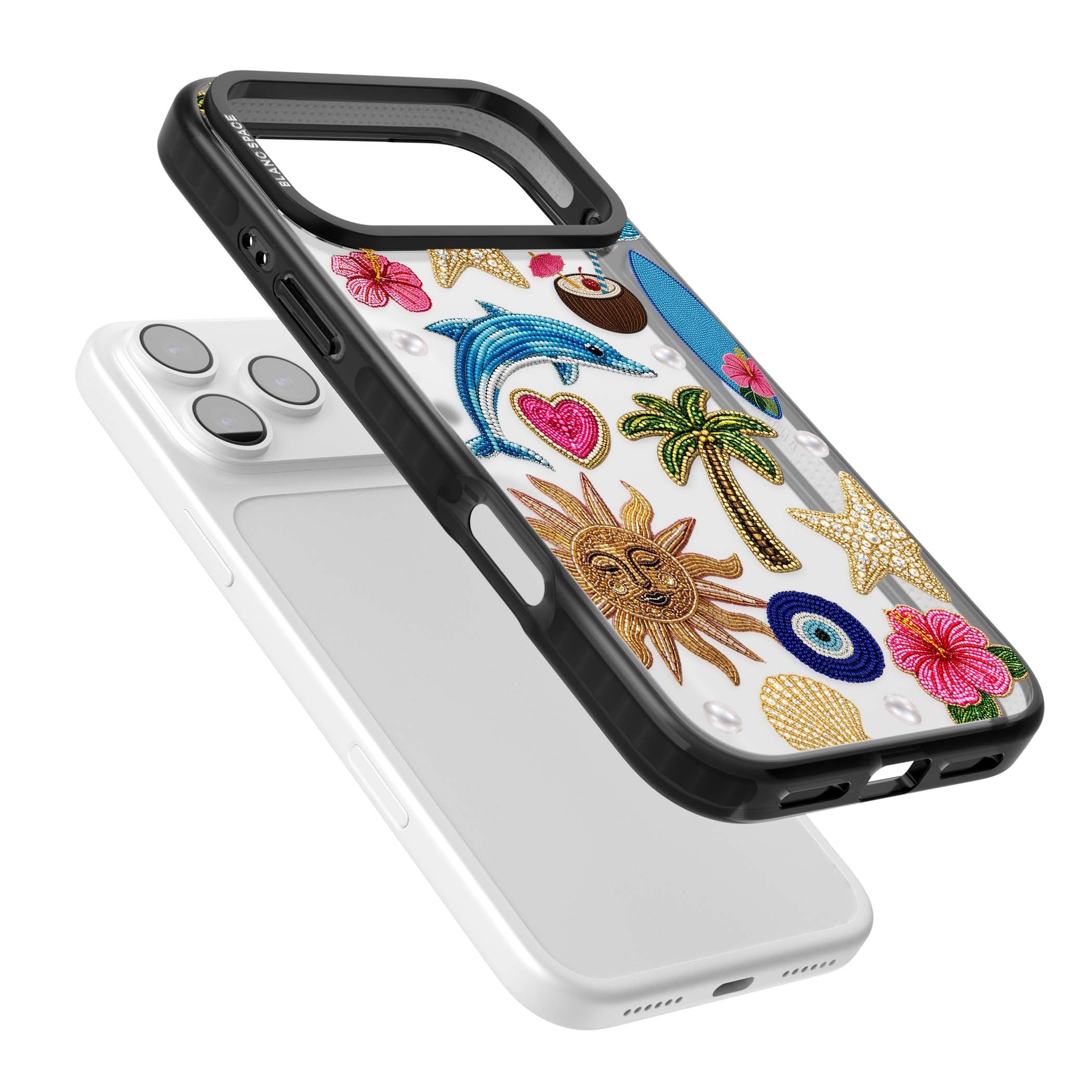 Beaded Beach coastal summer iPhone case featuring embroidered evil eye, hibiscus flowers, dolphin and palm tree patches | Clear Impact case for iPhone 17 Pro, iPhone 17 Pro Max